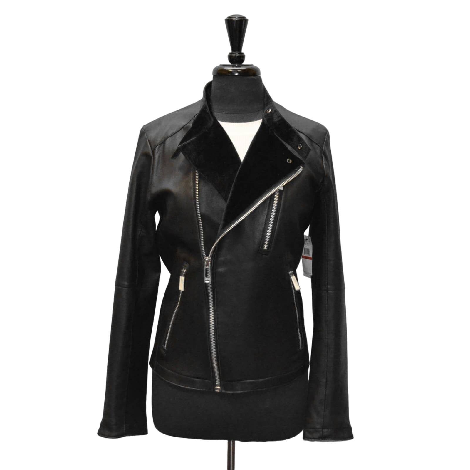 Calvin Klein NEW CALVIN KLEIN Black Leather Asymmetric Moto Jacket Sz XS Size XS / US 0-2 / IT 36-38 - 1 Thumbnail