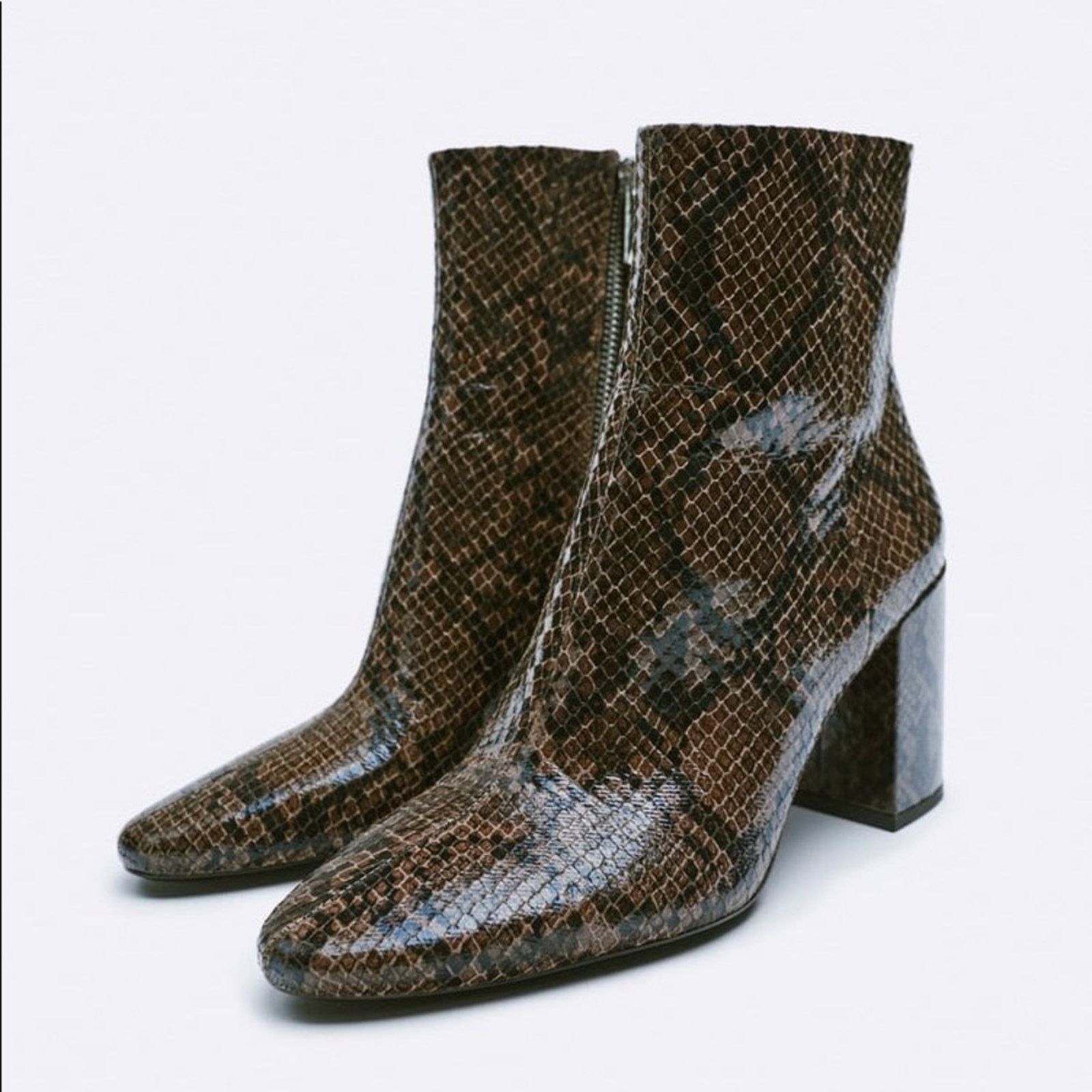 Zara ZARA BLOGGER FAVORITE EMBOSSED WIDE HEELED ANKLE BOOTS SNAKE Size US 6 / IT 36 - 1 Thumbnail