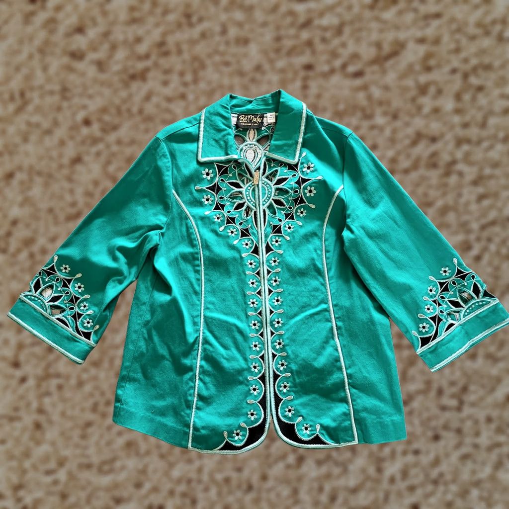 Bob Mackie Bob Mackie Jacket Womens Medium Green 3/4 Sleeve Full Zip Embroidered Art Classic Jacket Size M / US 6-8 / IT 42-44 - 1 Thumbnail