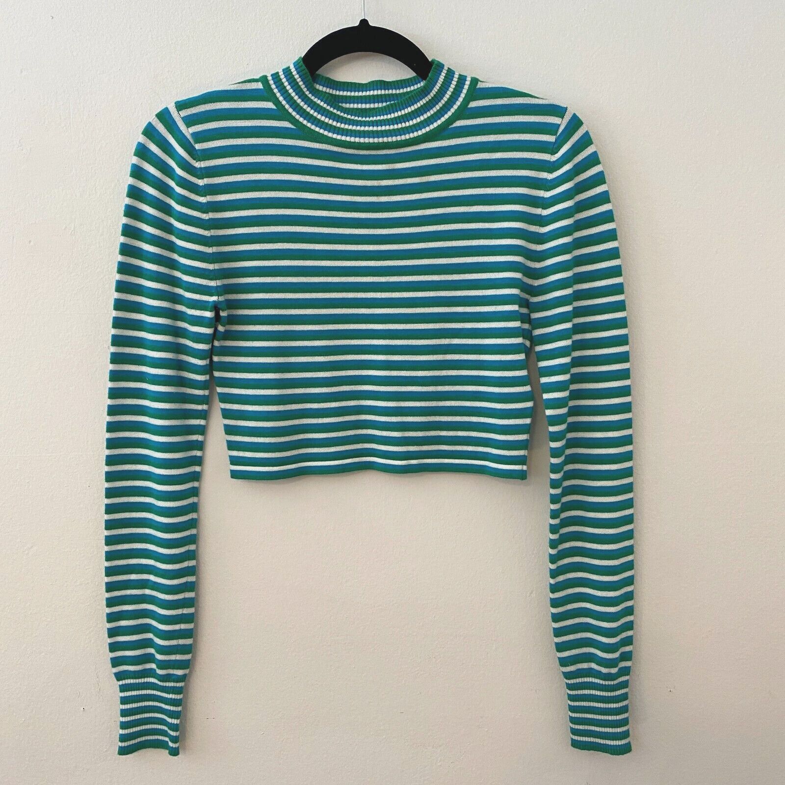 Other Silence + Noise Blue Green Striped Cropped Mock Knit Top S Size S / US 4 / IT 40 - 1 Thumbnail