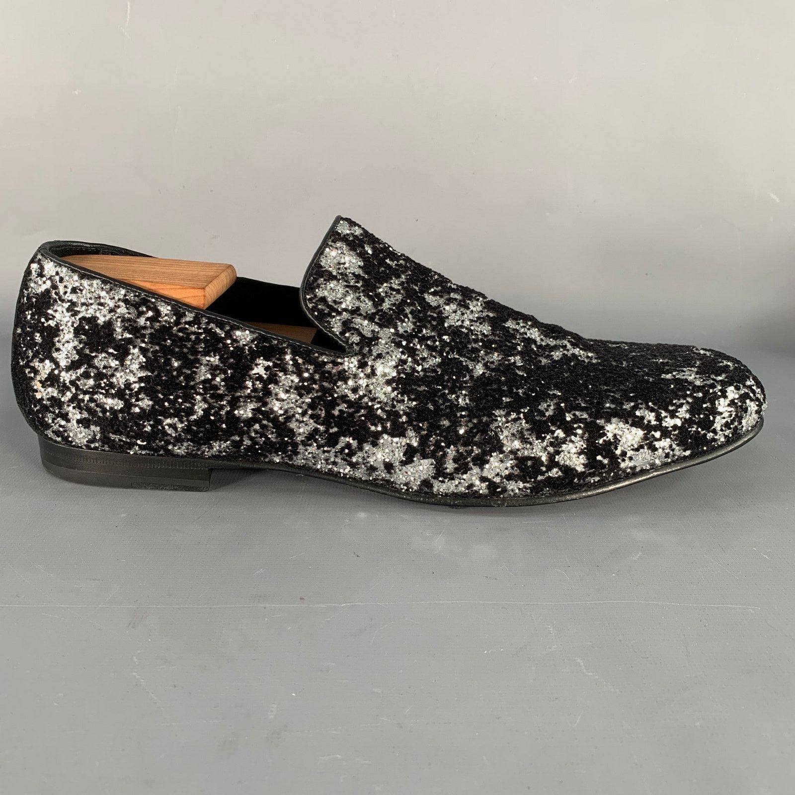 Jimmy Choo 11 Velvet Glitter Devore Sloan Black Silver Slip On Loafers Size US 11 / EU 44 - 2 Thumbnail