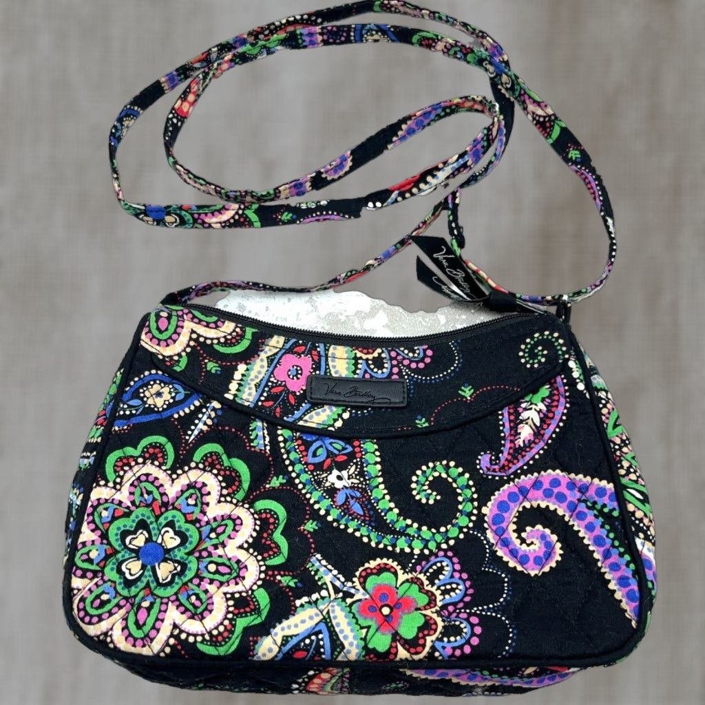 Vintage Vera Bradley Crossbody Bag Small Live Paisley Black Purple Womens RFID Blocking Adjustable Strap Quilt Canvas Cotton Zip Matte Finish 90s Theme? Size ONE SIZE - 1 Thumbnail