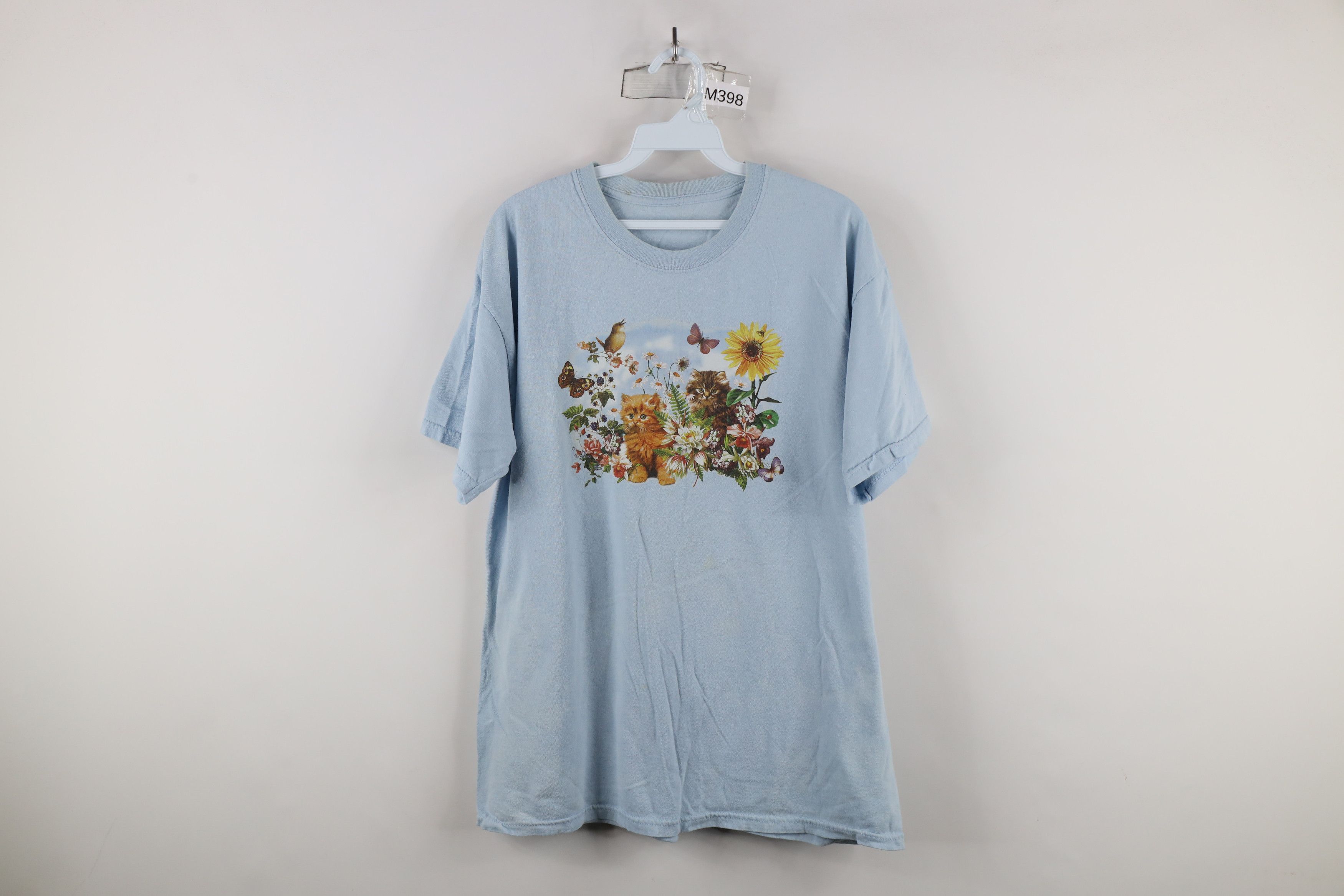 Vintage Vintage 90s Streetwear Flower Cat Kitten T-Shirt Blue Size L / US 10 / IT 46 - 1 Thumbnail