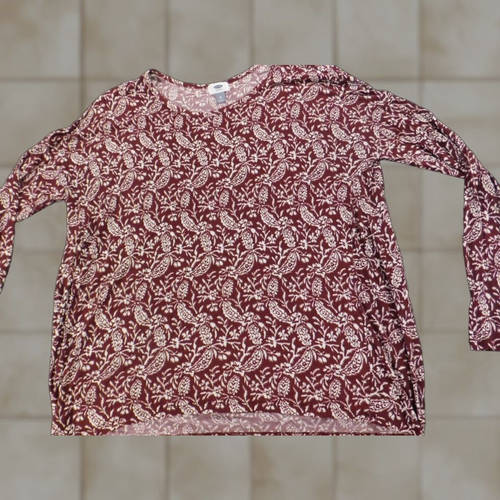 Old Navy Old Navy Womens Blouse XL Red Stretch Pullover Long Sleeve Round Neck Casual Floral Modal Down Button Regular Size XL / US 12-14 / IT 48-50 - 1 Thumbnail