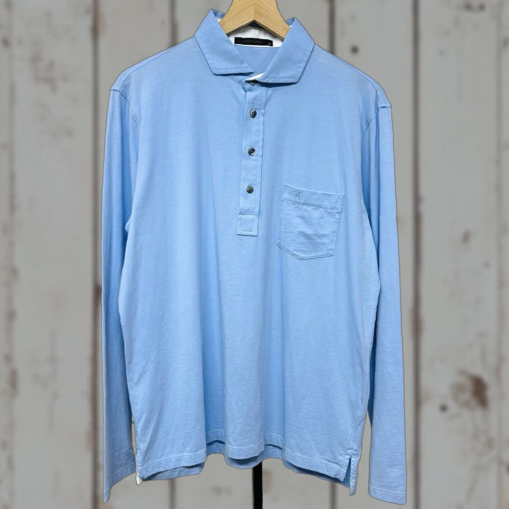Greyson Polo Long Sleeve Shirt Embroidered Logo Pocket Men’s M Blue Stretch Cotton Blend Polo