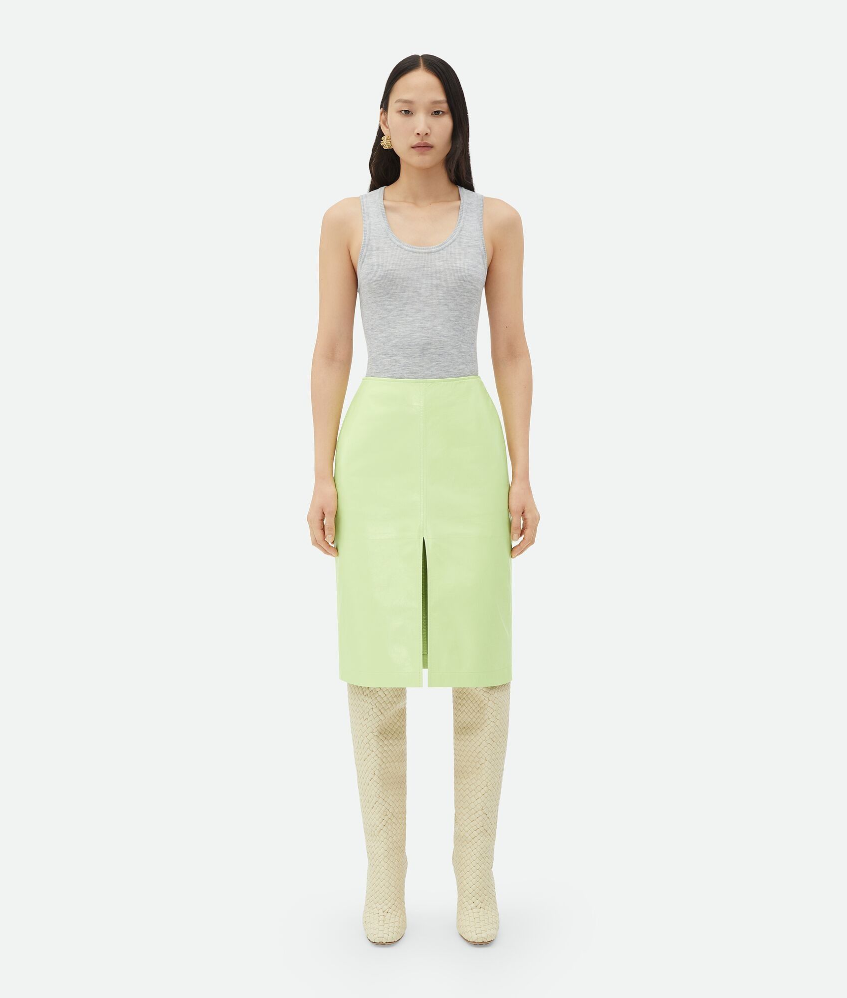 Bottega Veneta o1n1vont0925 Shiny Leather Midi Skirt in Light Green Size 30" / US 8 / IT 44 - 1 Thumbnail