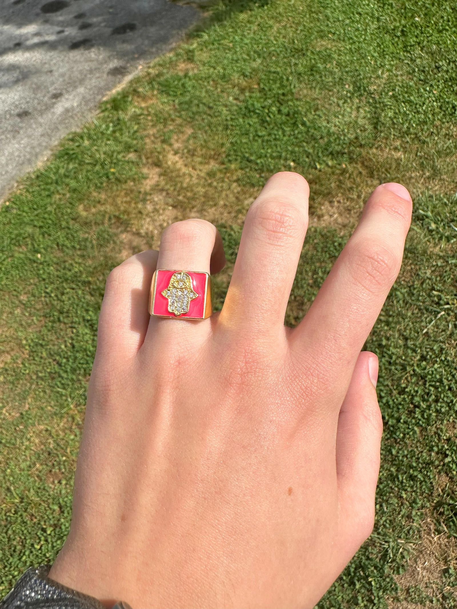 Jewelry Pink Enamel / Gold Hamsa Ring Adjustable Sizing Size ONE SIZE - 2 Thumbnail