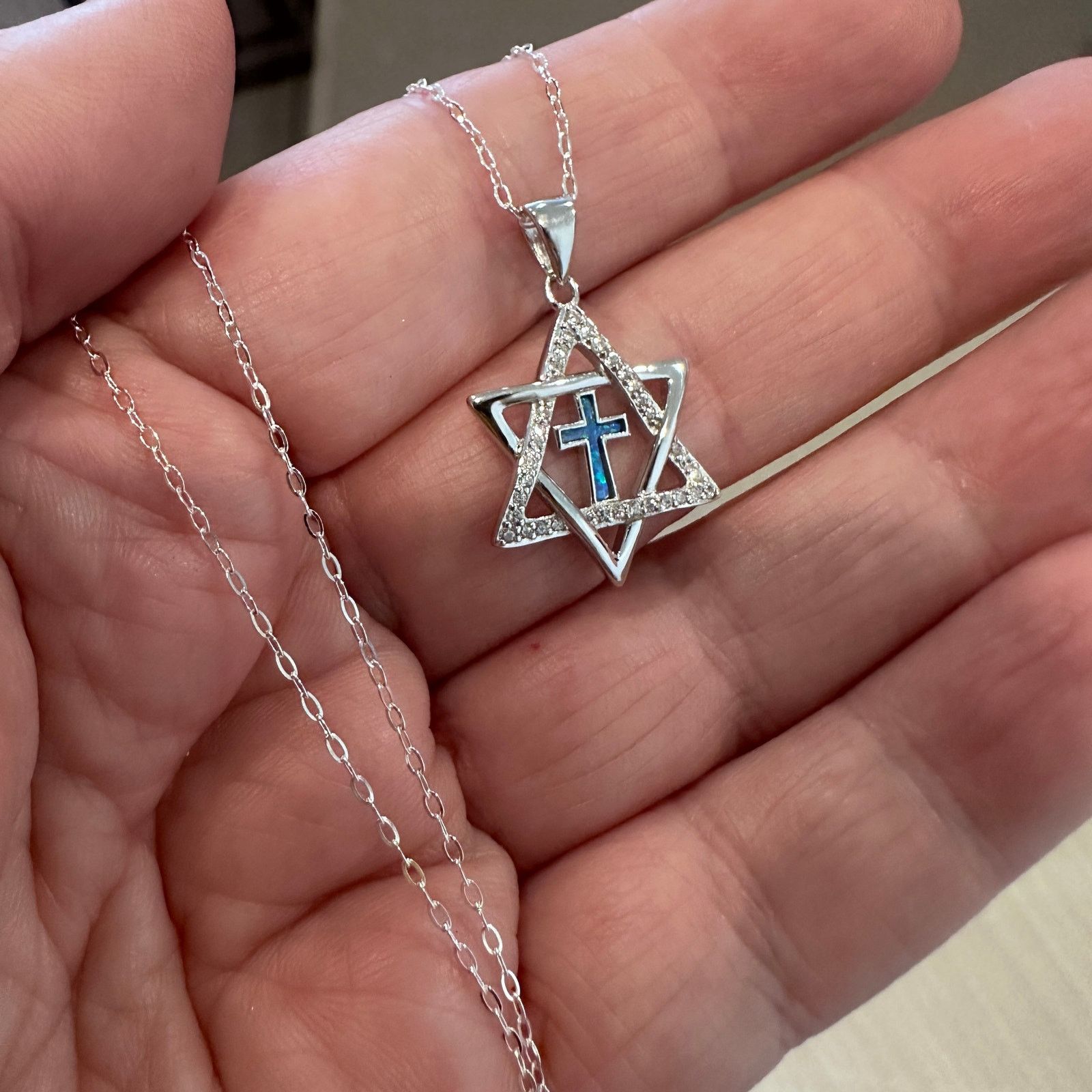 The Unbranded Brand Star of David & Cross CZ Lab Opal Sterling Silver Necklace Size ONE SIZE - 5 Thumbnail