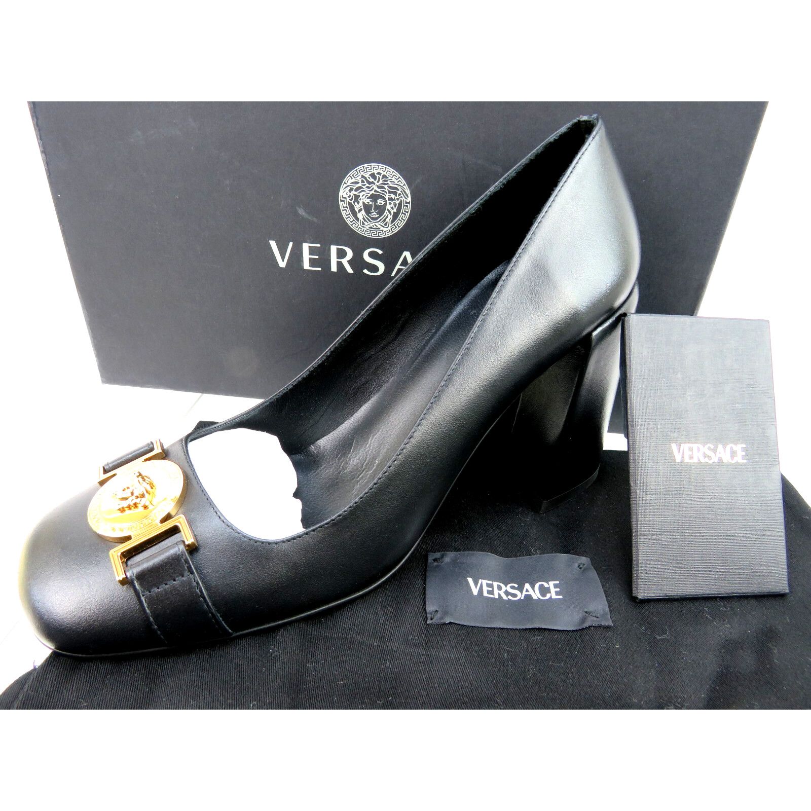 Versace VERSACE BLACK LEATHER GOLD MEDUSA HEAD LOGO HEEL PUMPS 37 7 Size US 7 / IT 37 - 10 Thumbnail