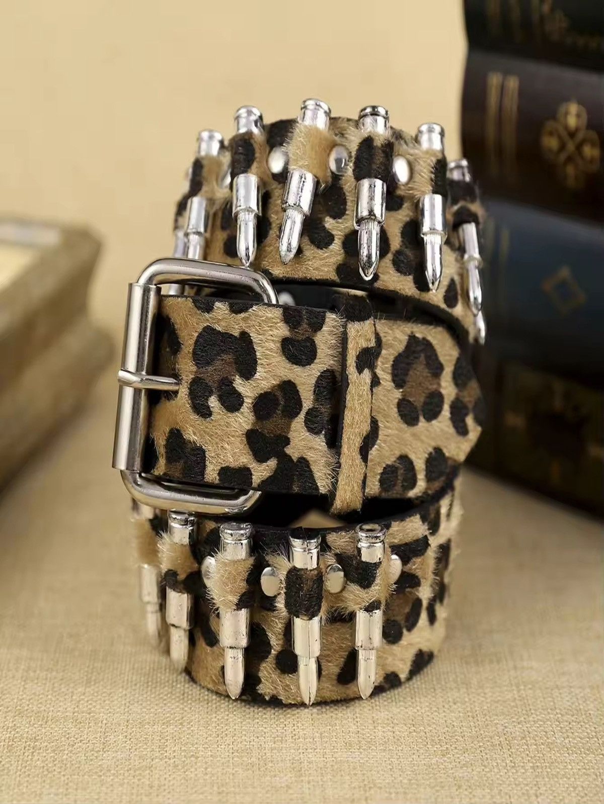 Leather 100 cmLeopard print bullet PU Leather belt Size ONE SIZE - 4 Thumbnail