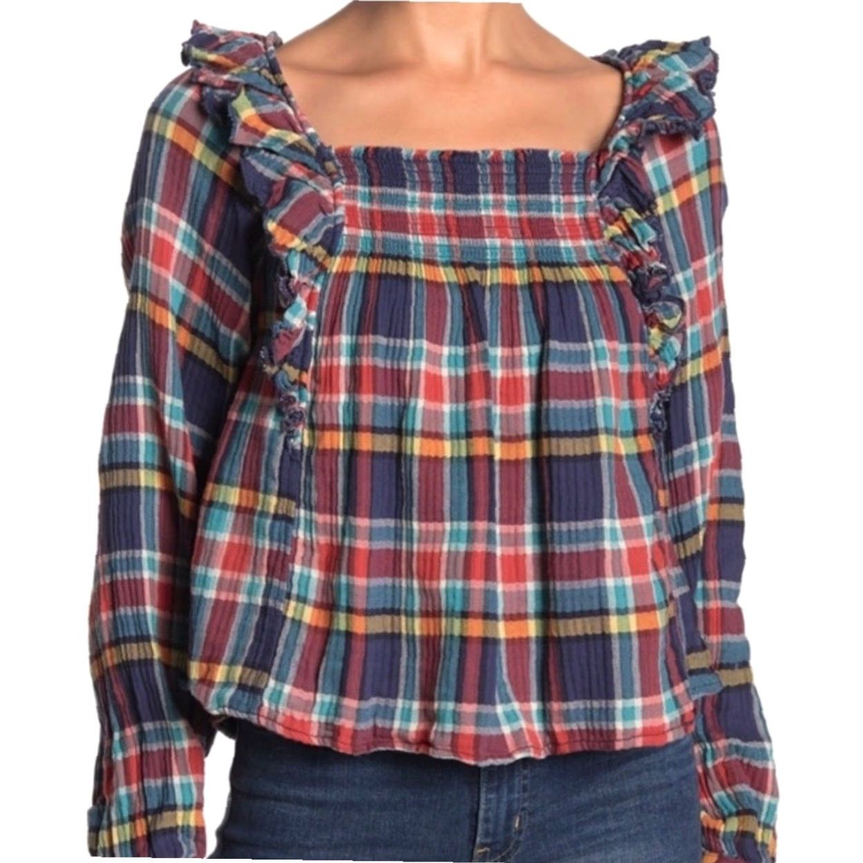 Free People Free People Siena Navy Blue and Red Plaid Ruffle Pullover Top L Women Long Sleeve Square Neck Casual Blouse Shirts Autumn Fall? Size L / US 10 / IT 46 - 6 Thumbnail