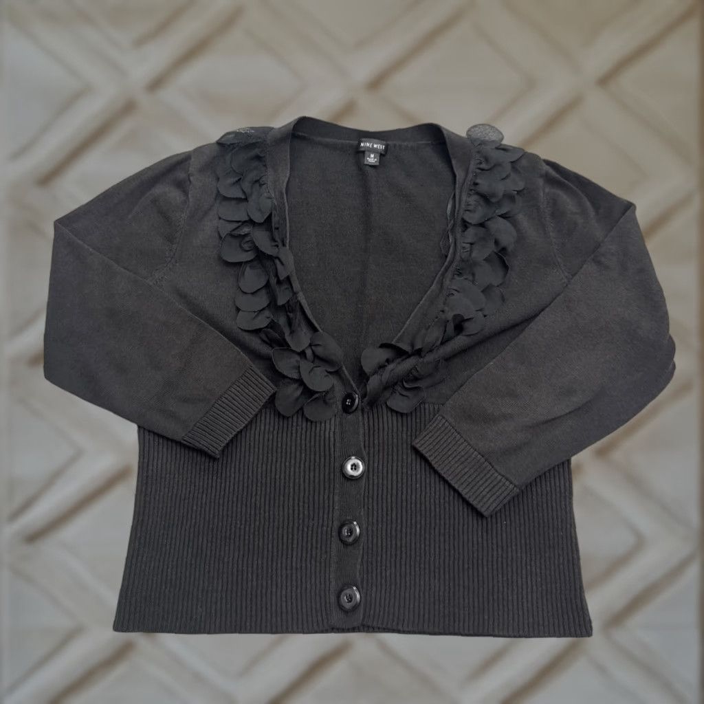 Nine West Nine West Women's Knit Cardigan Sweater Black Long Sleeve Ruffle Casual Moderate Stretch Petite Autumn Fall Winter Size M / US 6-8 / IT 42-44 - 1 Thumbnail