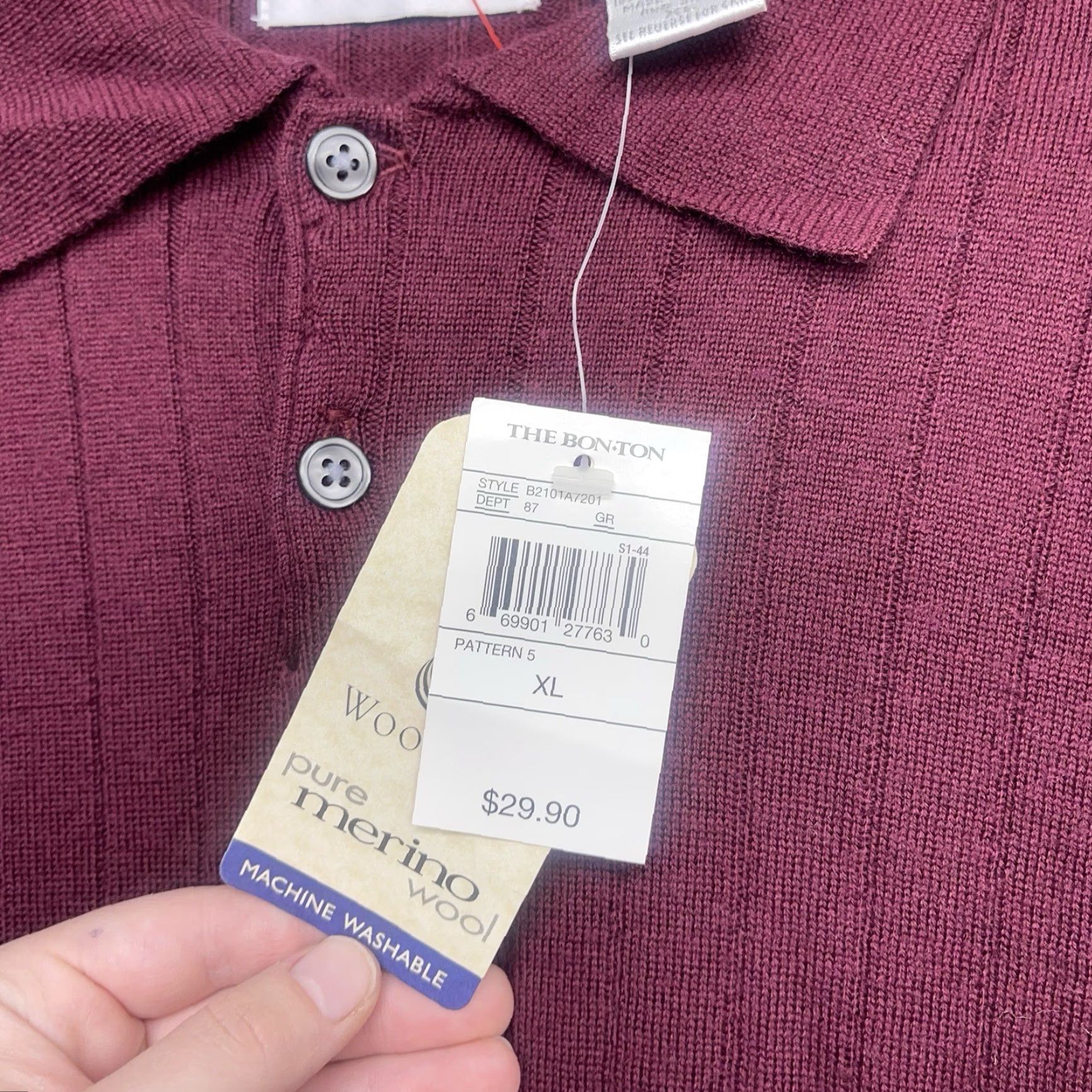 Vintage VINTAGE Merino Wool Sweater Mens XL Maroon Lightweight Henley Collared NWT Size US XL / EU 56 / 4 - 4 Thumbnail