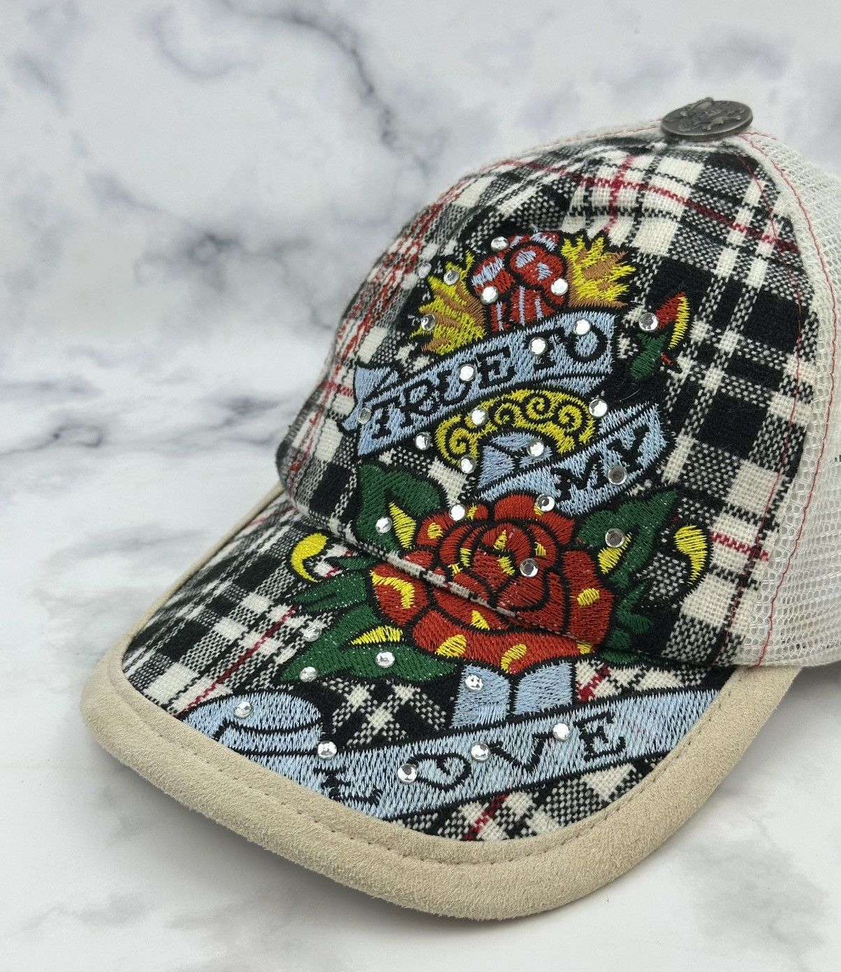 Ed Hardy Vtg Ed Hardy x Red Monkey Trucker Hat Plaid Tattoo Y2K Cap Size ONE SIZE - 3 Thumbnail