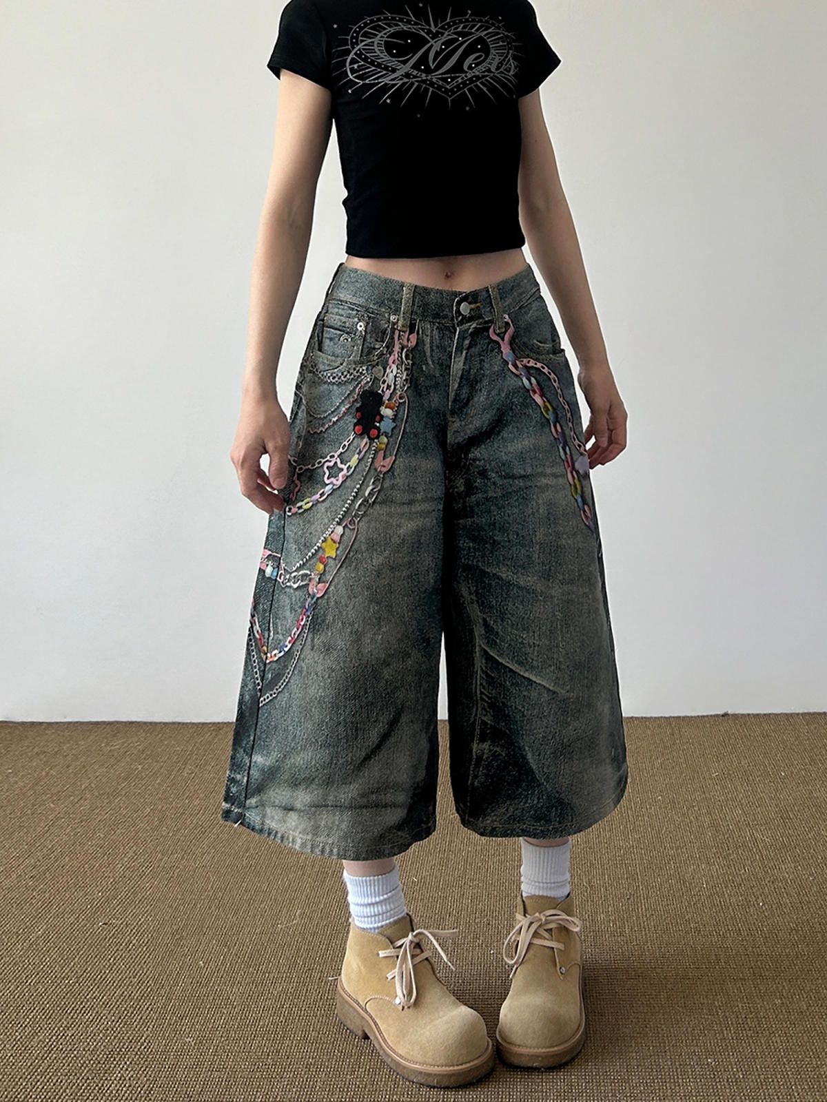 Other Wide Leg Loose Chain Print Distressed Jorts Size US 29 - 1 Thumbnail