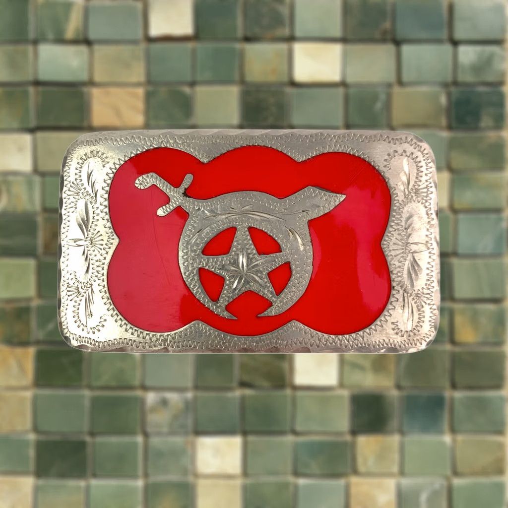Vintage VINTAGE Shriner Masonic Western Flair Belt Buckle Red Silver Hand Engraved Mens Belt Buckle Size ONE SIZE - 1 Thumbnail