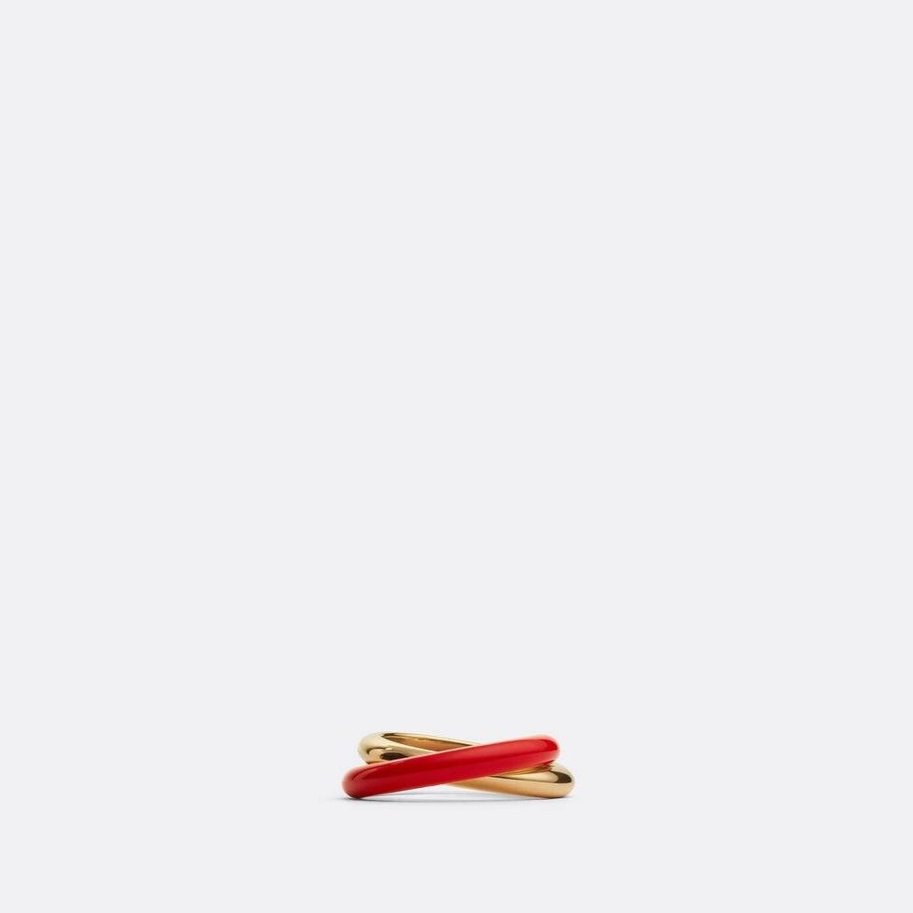Bottega Veneta Essentials Gold And Red Enamel Interlocking Rings Size ONE SIZE - 4 Thumbnail