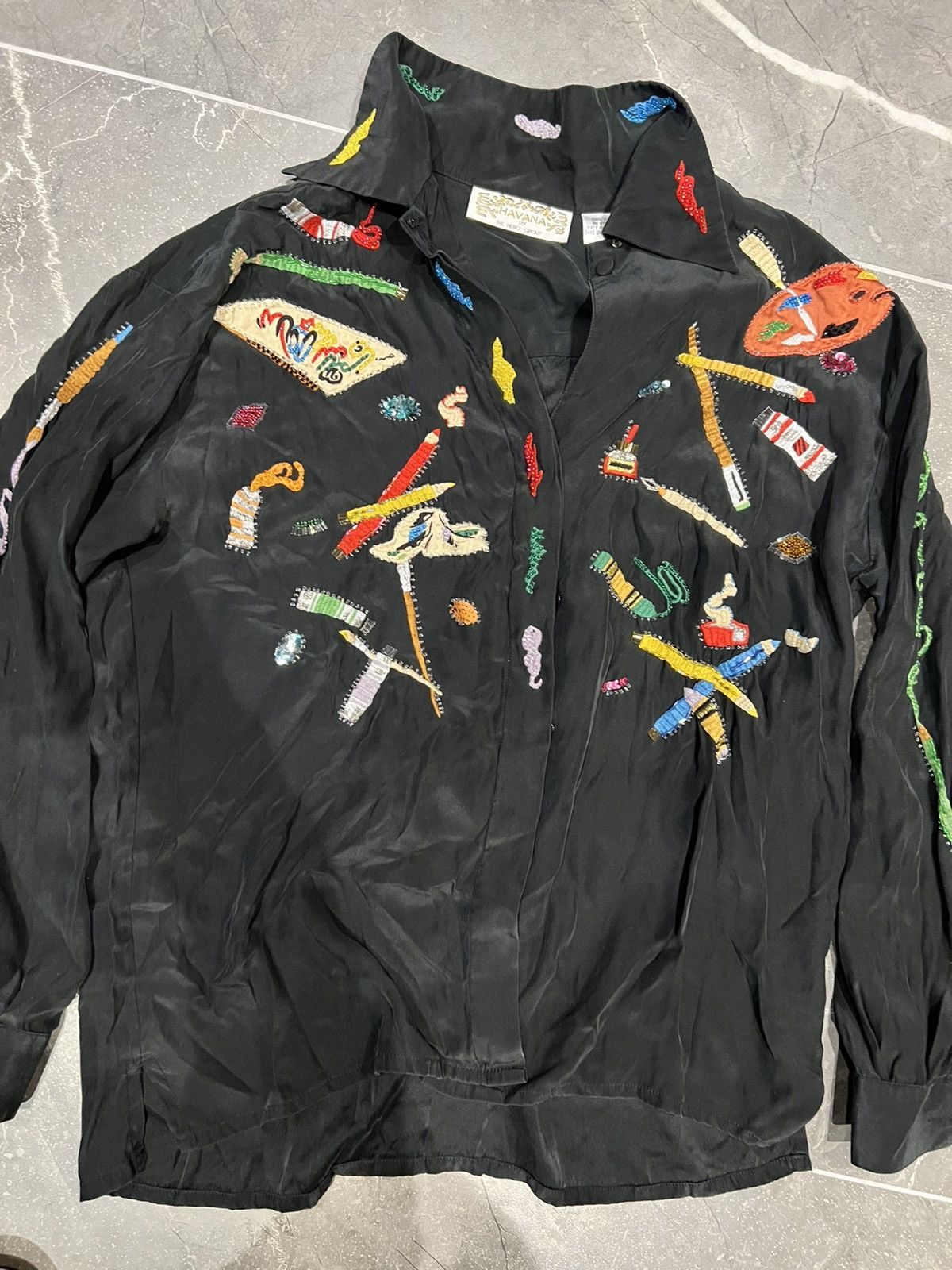 image of Vintage Havana Silk Button Up ‘Art Supplies’ in Black, Women's (Size Medium)