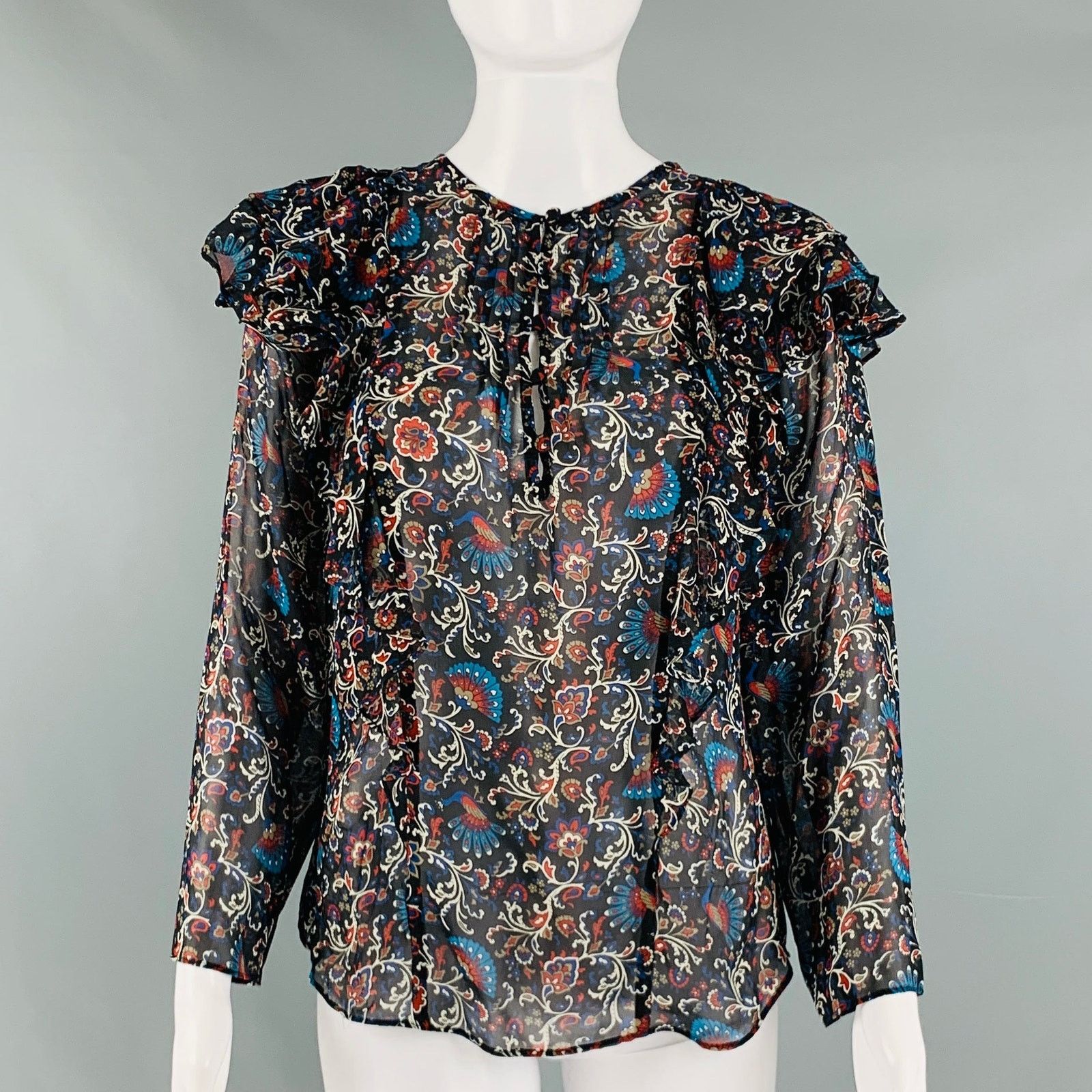 Veronica Beard VERONICA BEARD 8 Black Multi-Color Silk Print Ruffle Blouse Size M / US 6-8 / IT 42-44 - 1 Thumbnail