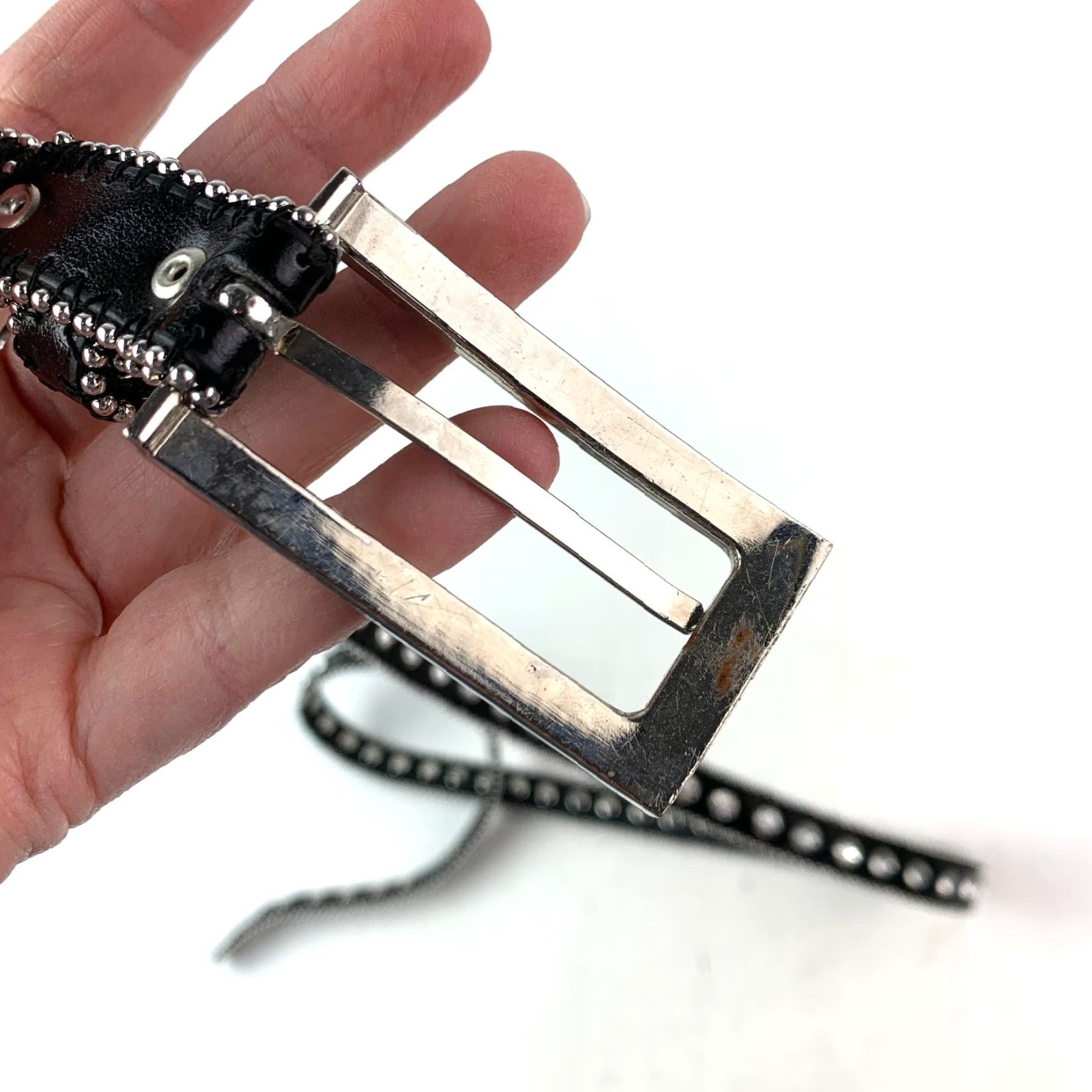 Vintage VINTAGE Women's Black XL Goth Moto Leather Belt with Rhinestone Studded Buckle 46" Belt Mens Womens XL Black Rhinestone Buckle Leather Belt Size ONE SIZE - 7 Thumbnail