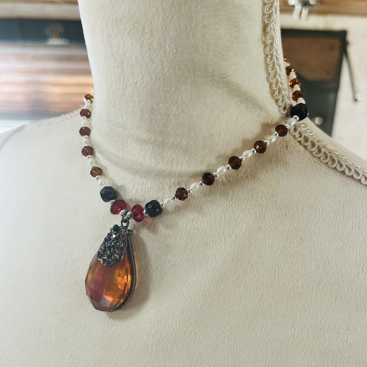 Handmade Handcrafted repurposed glass pearl garnet bead necklace Size ONE SIZE - 3 Thumbnail