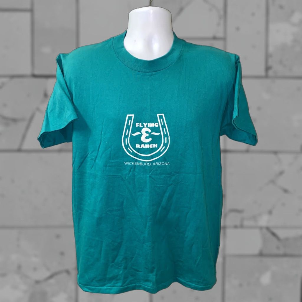 Vintage VTG 1990s Oneita Mens Teal Short Sleeve Flying And Ranch T-Shirt L Men T-Shirt Short Sleeve Teal Flying And Ranch Size US L / EU 52-54 / 3 - 1 Thumbnail