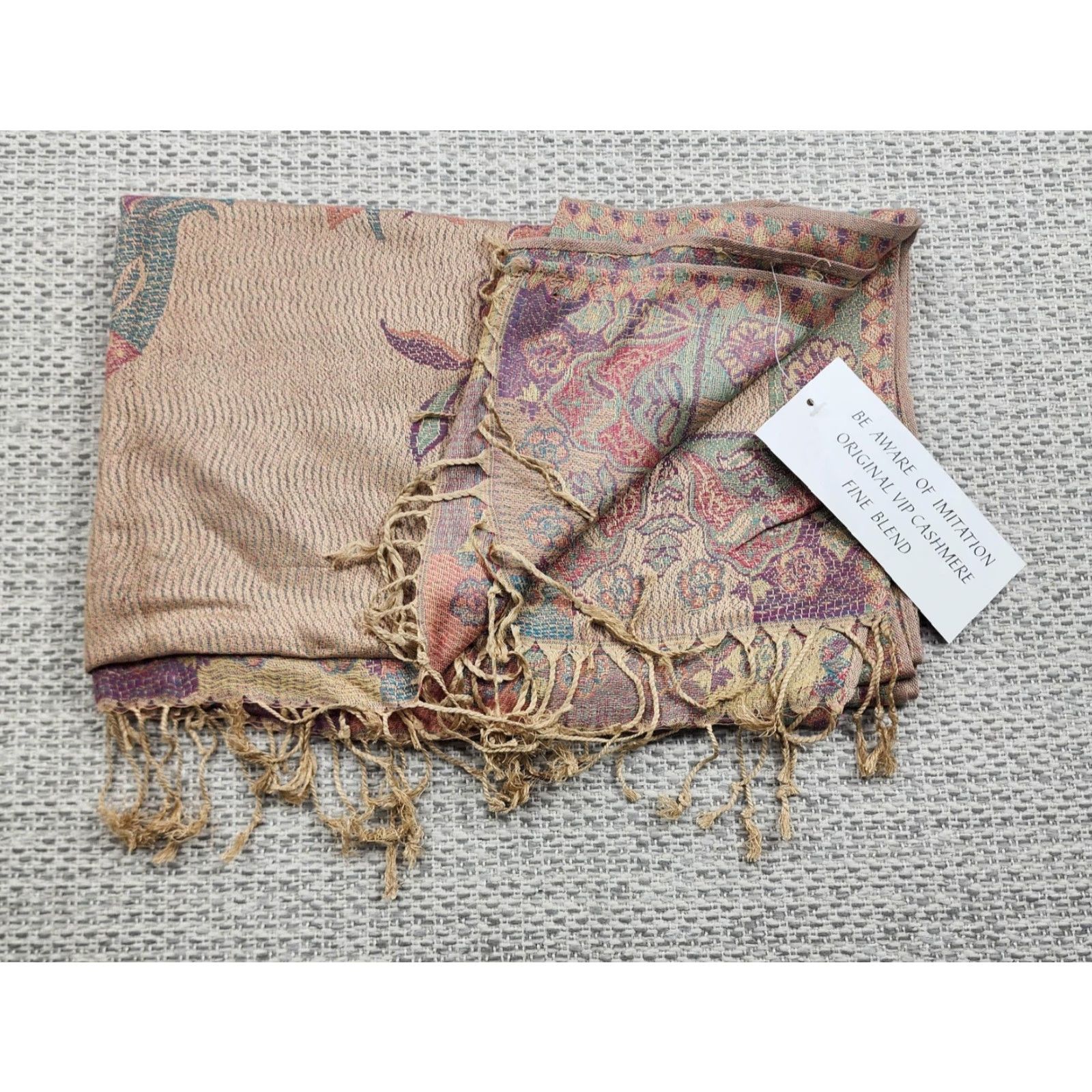 Vintage VINTAGE Jerusalem Shawl Wrap Womens Paisley Elephant Print Cashmere Tan Pink Fringe Tassel Size ONE SIZE - 2 Thumbnail