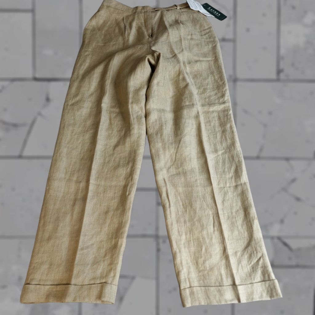 Ralph Lauren VINTAGE Lauren Ralph Lauren Womens Pants 14 Beige Pleated Herringbone High Rise NEW Linen Ramie Rayon Front Flat Inseam 31 Dress Pants Womens Size 36" / US 14 / IT 50 - 1 Thumbnail