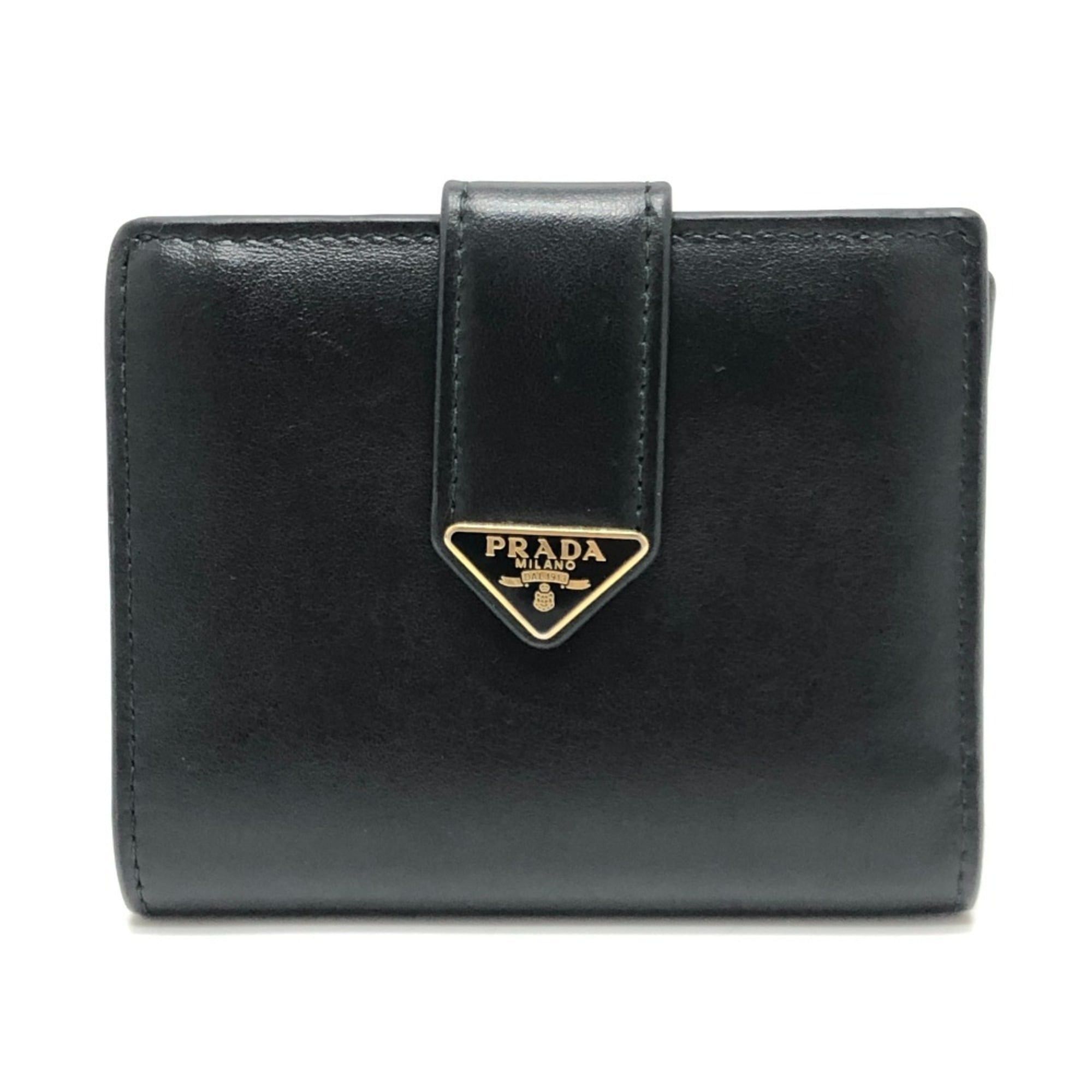 Prada PRADA 1MV204 Triangle Plate Wallet, Mini Compact Gold Hardware, Bifold Leather Men's, Black Size ONE SIZE - 1 Thumbnail
