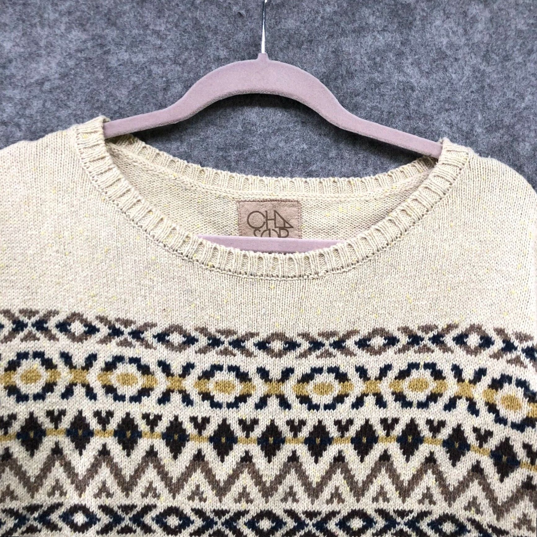Vintage Chaser Sweater Womens XS Beige Cream Fair Isle Knit Crewneck Cotton Blend Size XS / US 0-2 / IT 36-38 - 3 Thumbnail