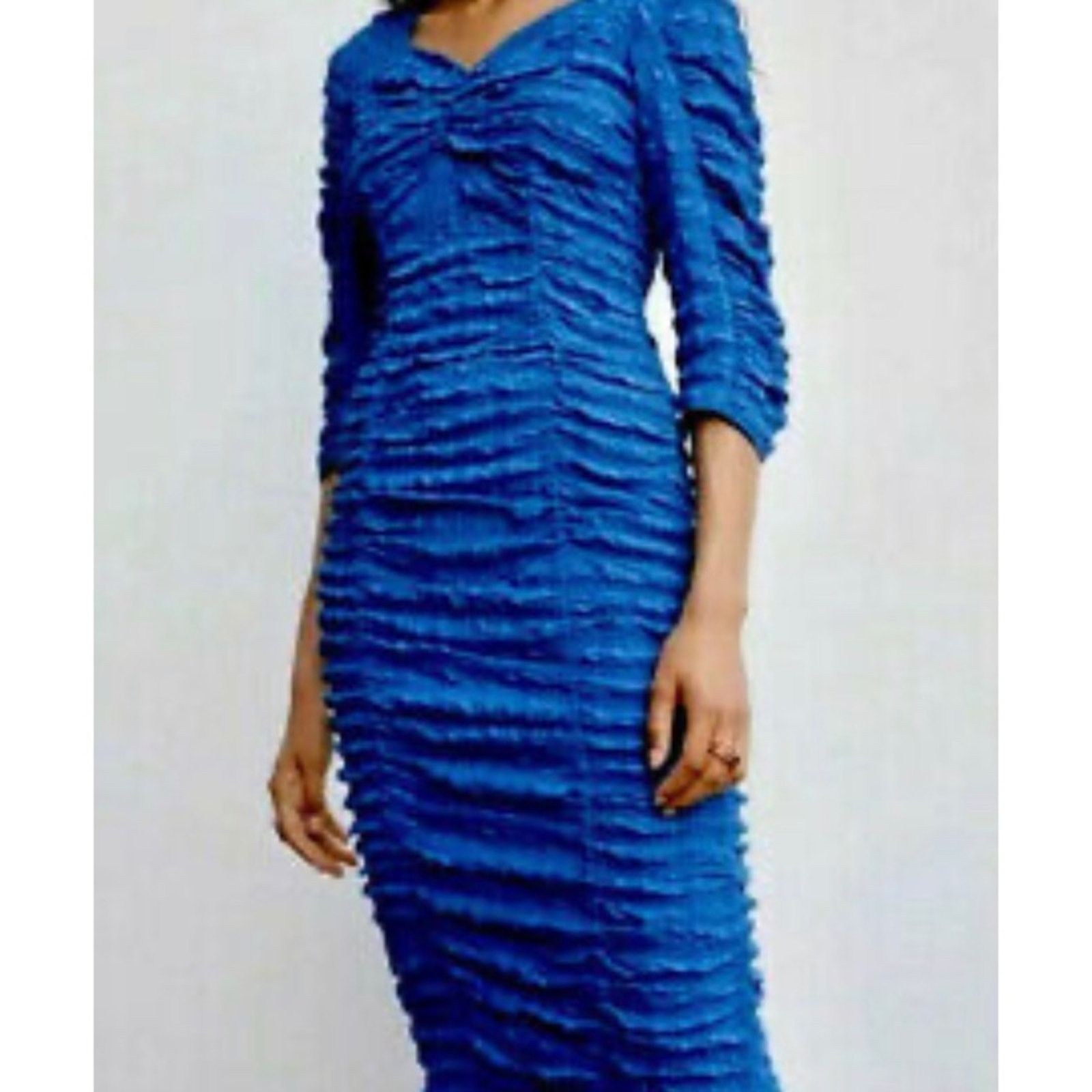 Zara Zara Bright Blue Ruched Bodycon Midi Dress Bloggers Size L / US 10 / IT 46 - 4 Thumbnail