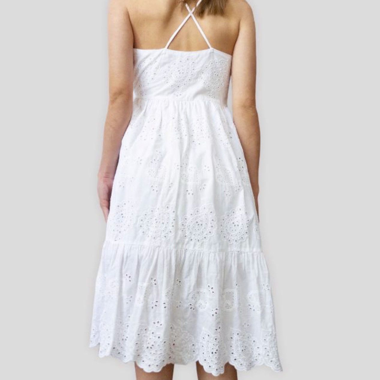 Japanese Brand Vintage 00s White Cotton Eyelet Paisley Midi Dress Size XXS / US 00 / IT 34 - 3 Thumbnail