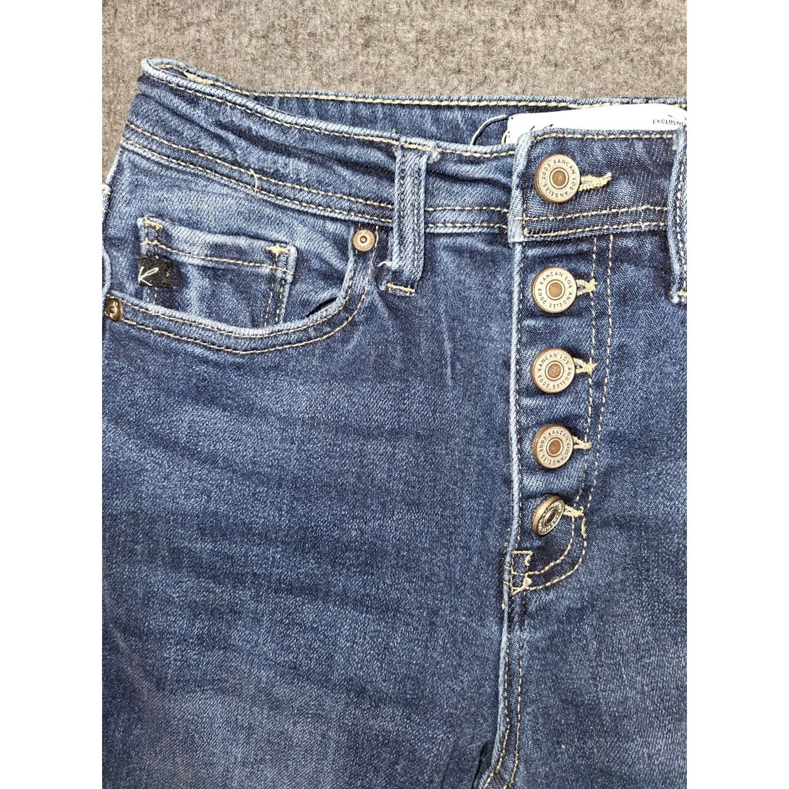 Vintage Kancan Bootcut Jeans Juniors 25 Blue Mid Rise Stretch Preppy Retro Regular Distressed Pockets Button Fly Zipper Denim 29.5 Inseam Womens Size 42" / US 20 - 7 Thumbnail