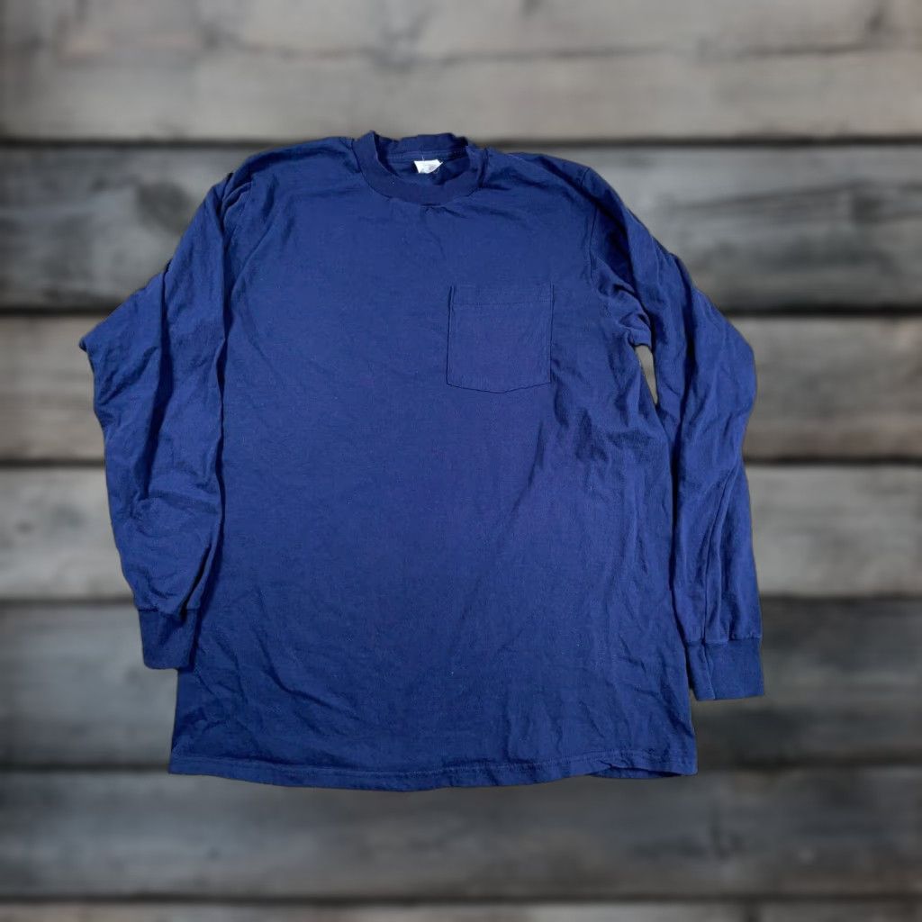 Fruit Of The Loom VINTAGE Fruit of the Loom Long Sleeve T-Shirt Dark Blue Adult Medium (XL Tag) Crew Neck 100% Cotton Retro 80s Mens Size US M / EU 48-50 / 2 - 1 Thumbnail