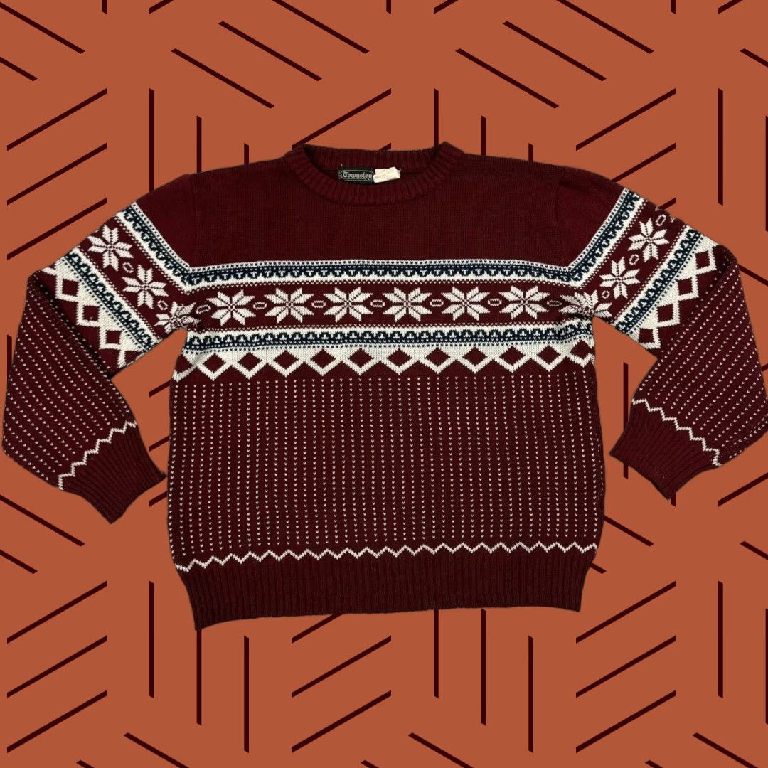 Vintage VTG Townsley Nordic Winter Sweater Shirt Mens Small Maroon Acrylic Patterned 80s Christmas Ugly Sweater Men’s S Size US S / EU 44-46 / 1 - 1 Thumbnail