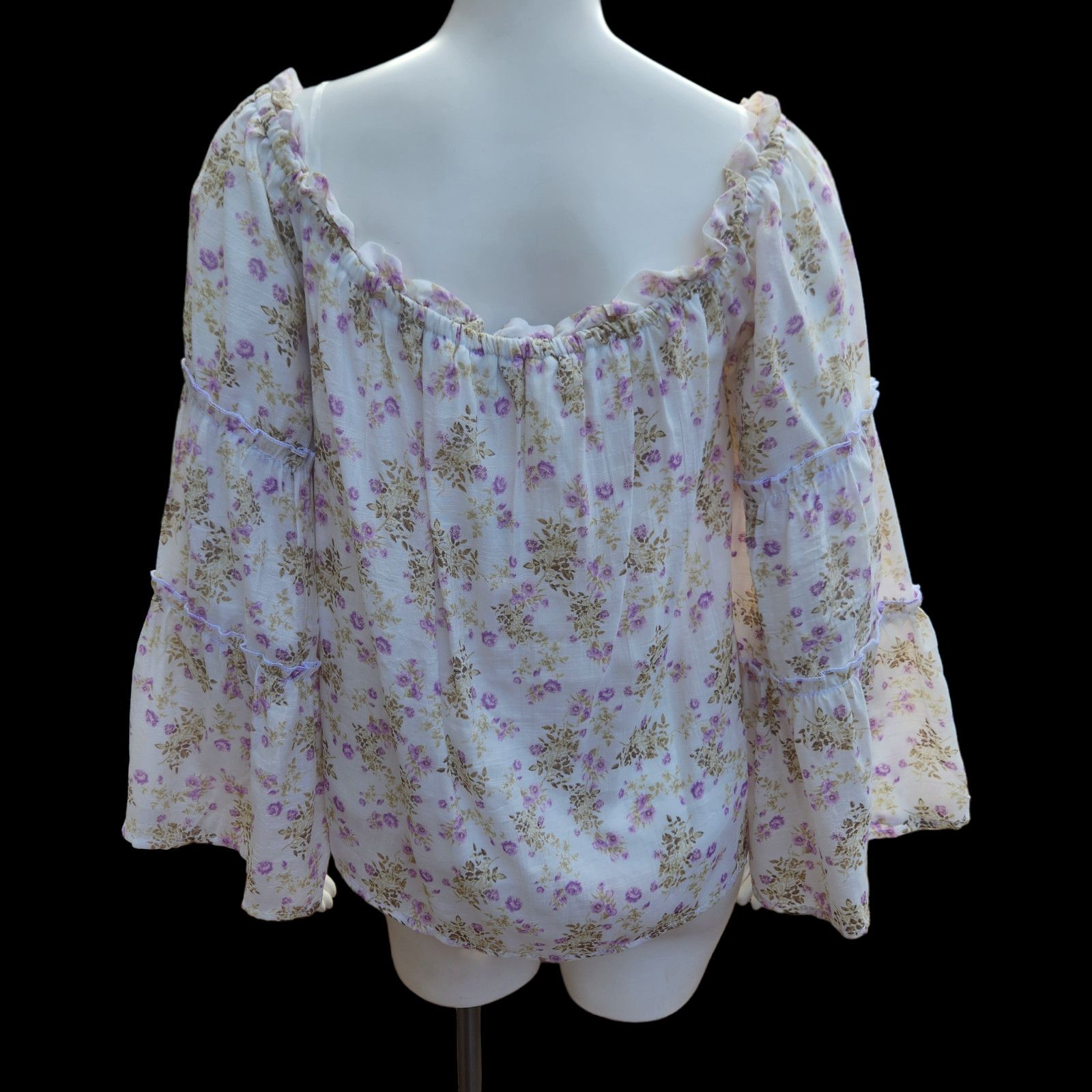 rue21 Rue21 Purple Ivory Floral Blouse Size Large Bell Sleeves Size L / US 10 / IT 46 - 8 Thumbnail