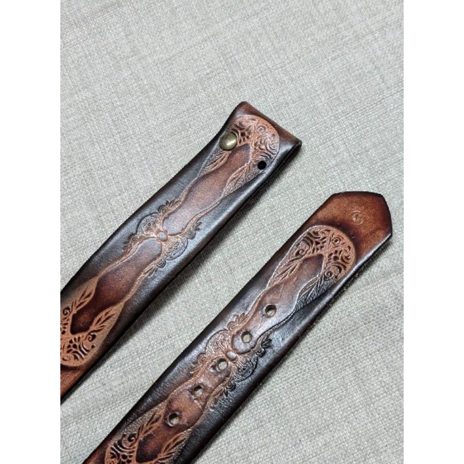 Vintage VINTAGE leather belt Western belt Geometric Brown 28 Unisex Adults 1-1/2" Cowhide Handmade Handcrafted buckle Size 28 - 6 Thumbnail