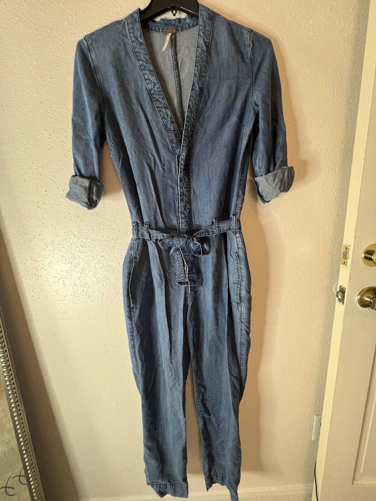 Free People FREE PEOPLE Lou Imperial Blue Denim Long Sleeve Jumpsuit Size 27" / US 4 / IT 40 - 2 Thumbnail