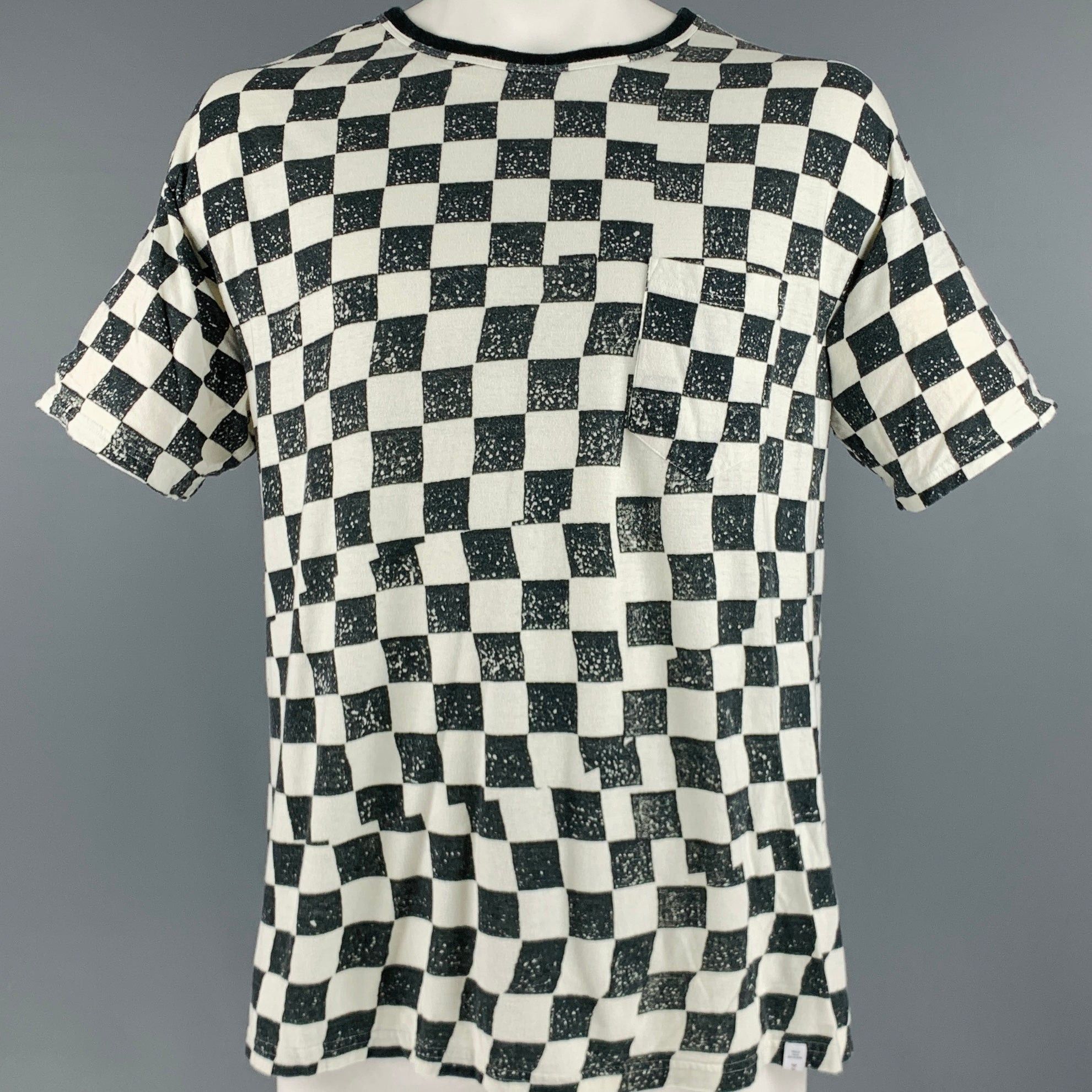 image of Facetasm Black White Checkered Cotton One Pocket Tshirt, Men's (Size XL)