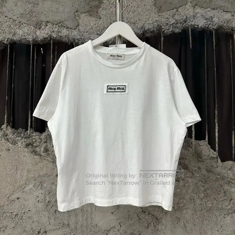 Miu Miu Miu Miu White Logo Cotton Crop T-Shirt . Size L / US 10 / IT 46 - 1 Thumbnail