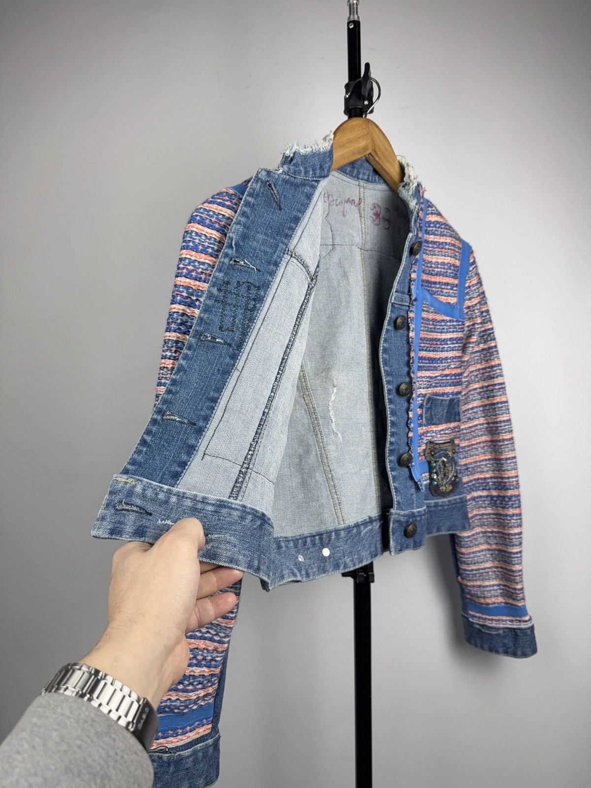 Desigual 00s Retro Desigual Patchwork Denim Cropped Jacket Y2K Size S / US 4 / IT 40 - 8 Thumbnail