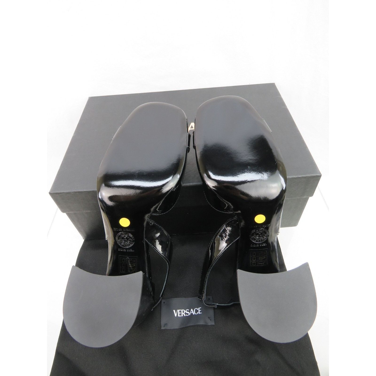 VERSACE BLACK PATENT LEATHER GOLD MEDUSA SANDALS PUMPS 40 10