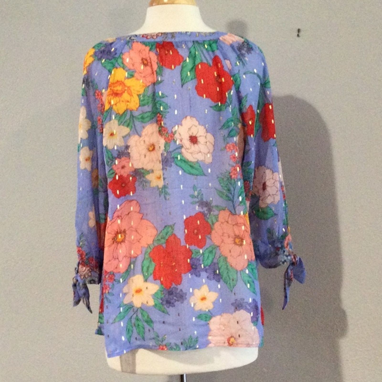 Other Figueroa & Flower Sheer Floral 3/4 Tie Sleeve Blouse Size 1X Size XL / US 12-14 / IT 48-50 - 7 Thumbnail