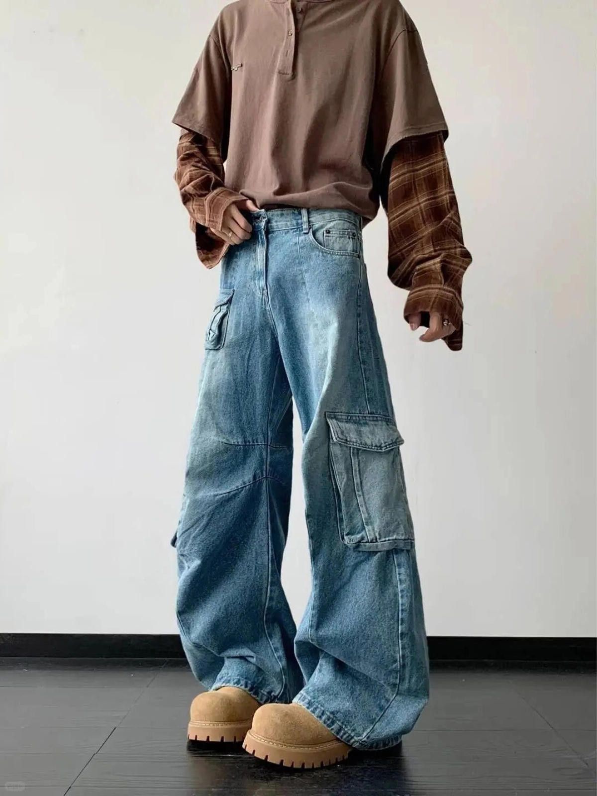 Japanese Brand Light Blue Baggy Cargo Jeans, Wide Leg Denim Pants Size US 32 / EU 48 - 5 Thumbnail