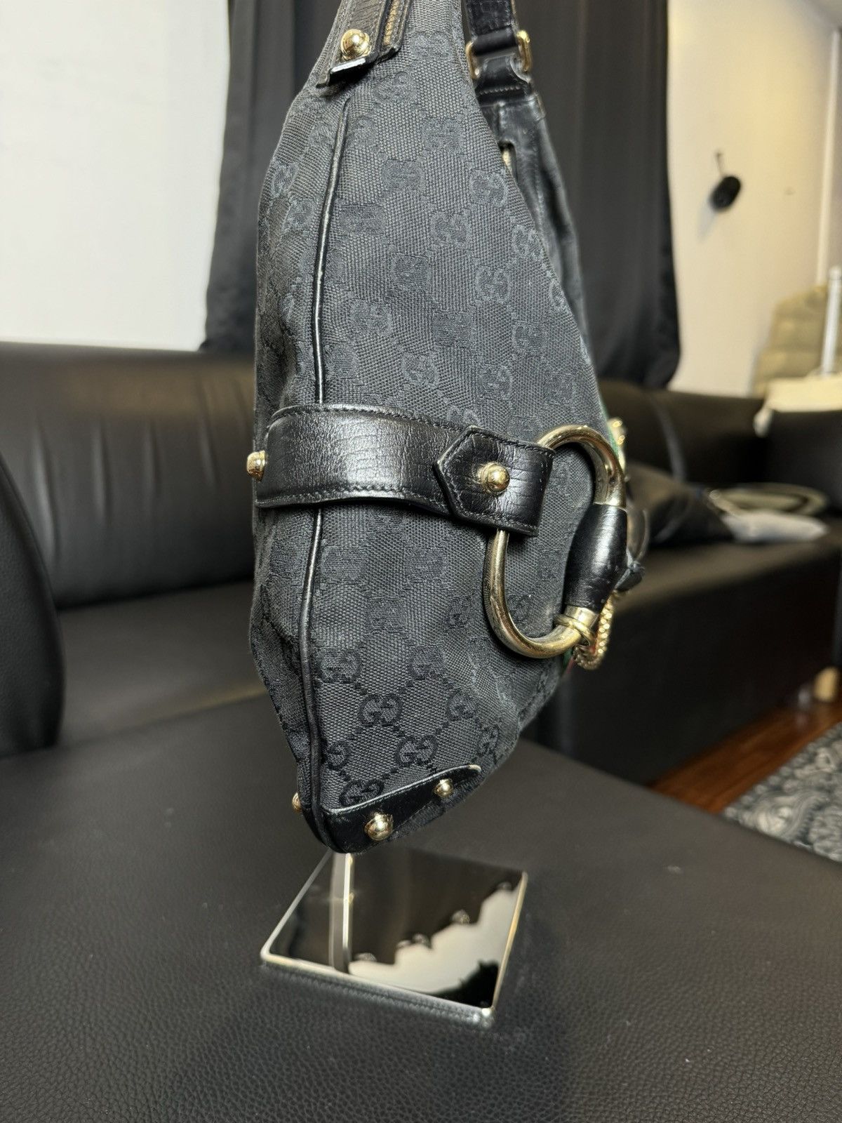 Gucci Gucci Black GG Canvas and Leather Horsebit Web Hobo Size ONE SIZE - 7 Thumbnail