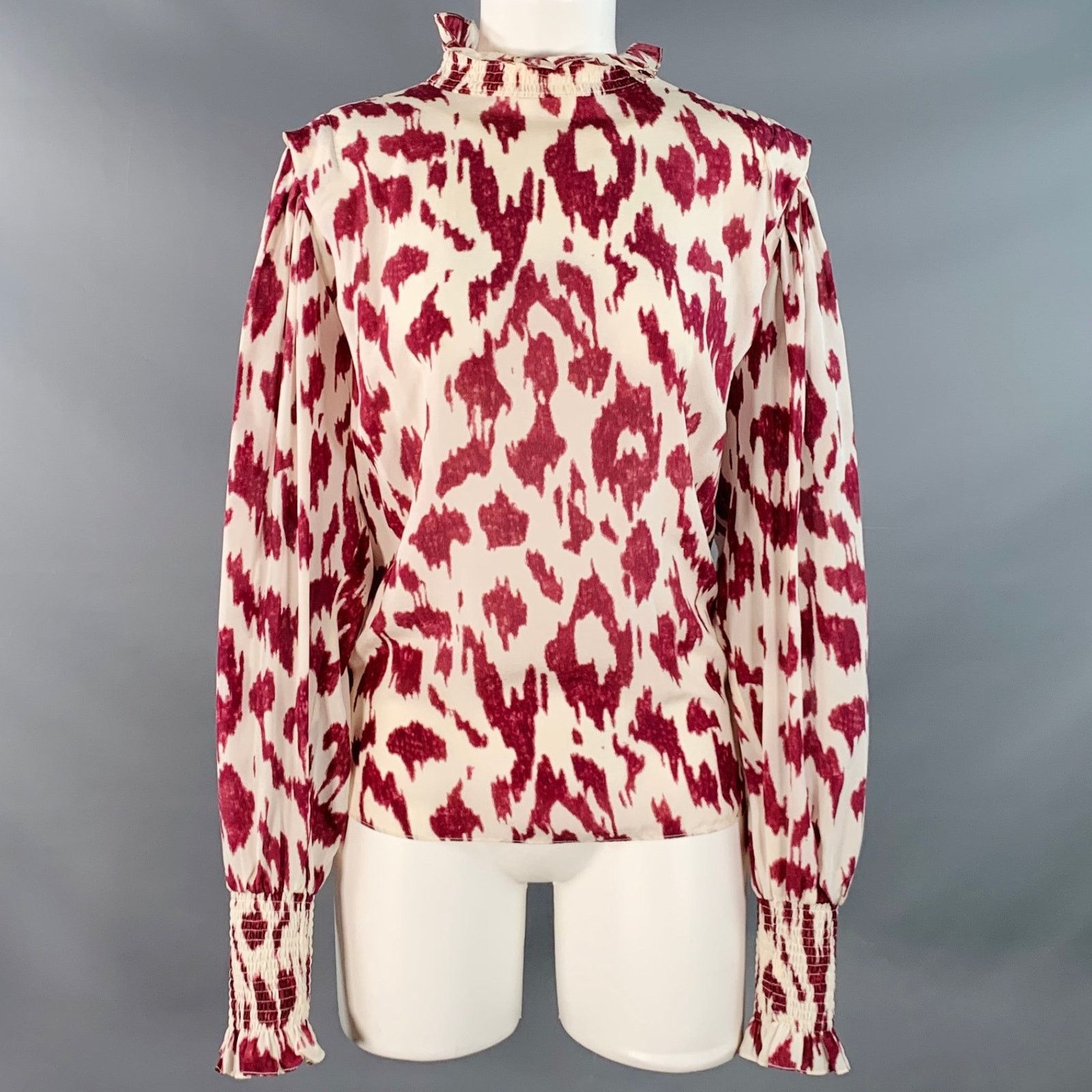 Isabel Marant Size M Yoshi White Raspberry Silk Animal Print Ruffle Blouse Size M / US 6-8 / IT 42-44 - 1 Thumbnail