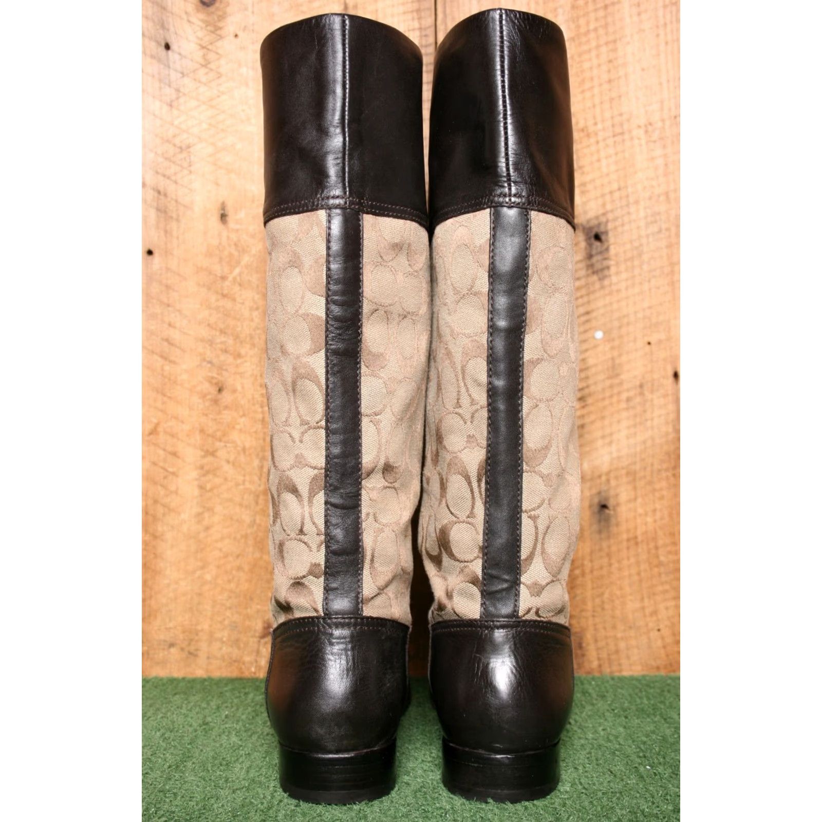 Coach VINTAGE COACH 'Chrissi' Brown Leather Khaki Signature Logo Jacquard Riding Boots Sz. 9B Women Knee High Leather | Canvas Brown Riding Boot Mens? Size US 9 / IT 39 - 4 Thumbnail