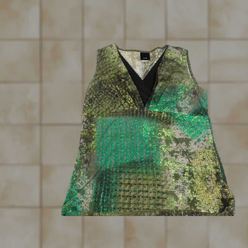 Vintage J.T.B. Blouse Womens Small Green Pullover Crew Neck Sleeveless Geometric Polyester Ruffle Casual University Style Size S / US 4 / IT 40 - 1 Thumbnail