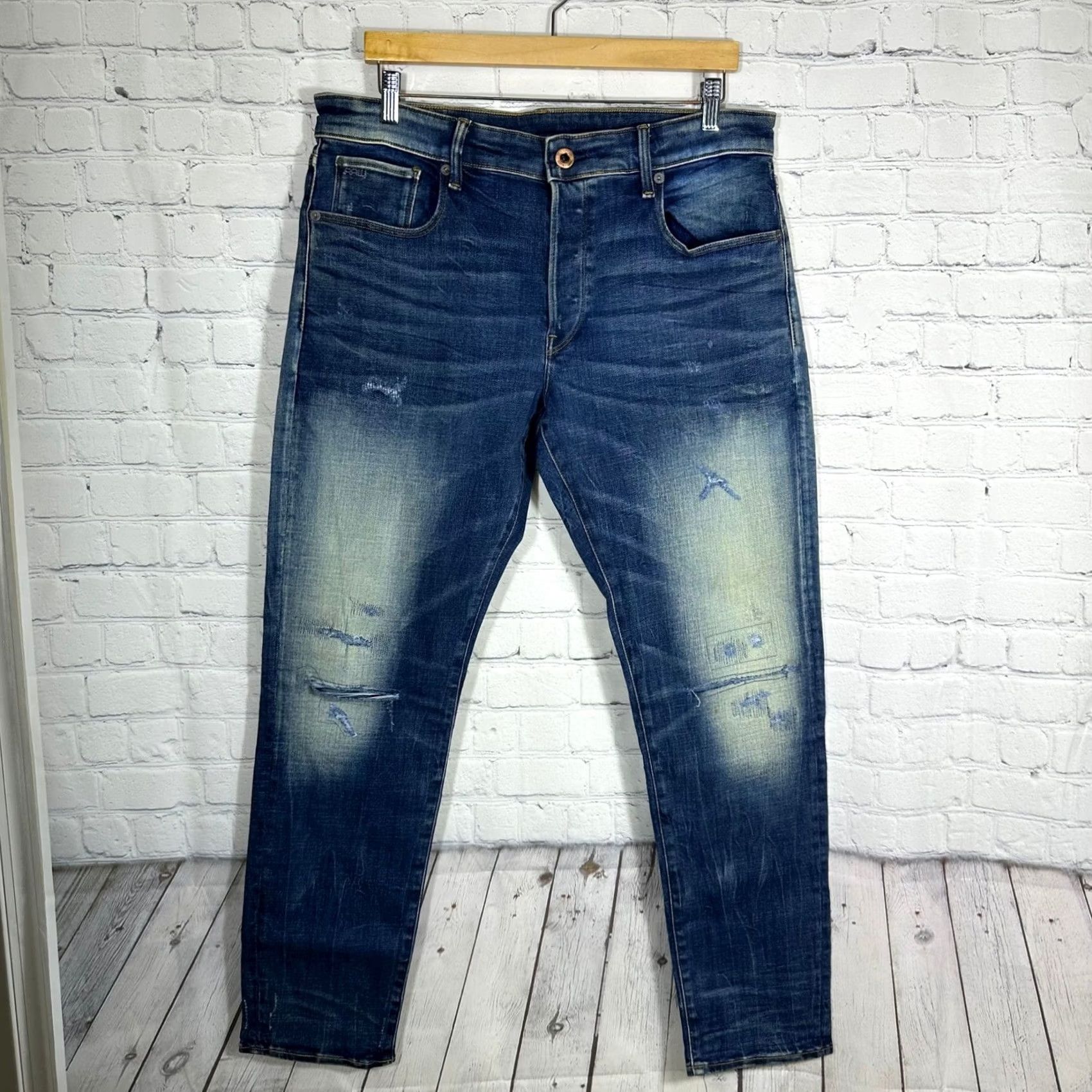 Vintage G-Star RAW 3301 Slim Distressed Denim Jeans Mens 34x32 Button Fly Blue Size US 34 / EU 50 - 2 Thumbnail