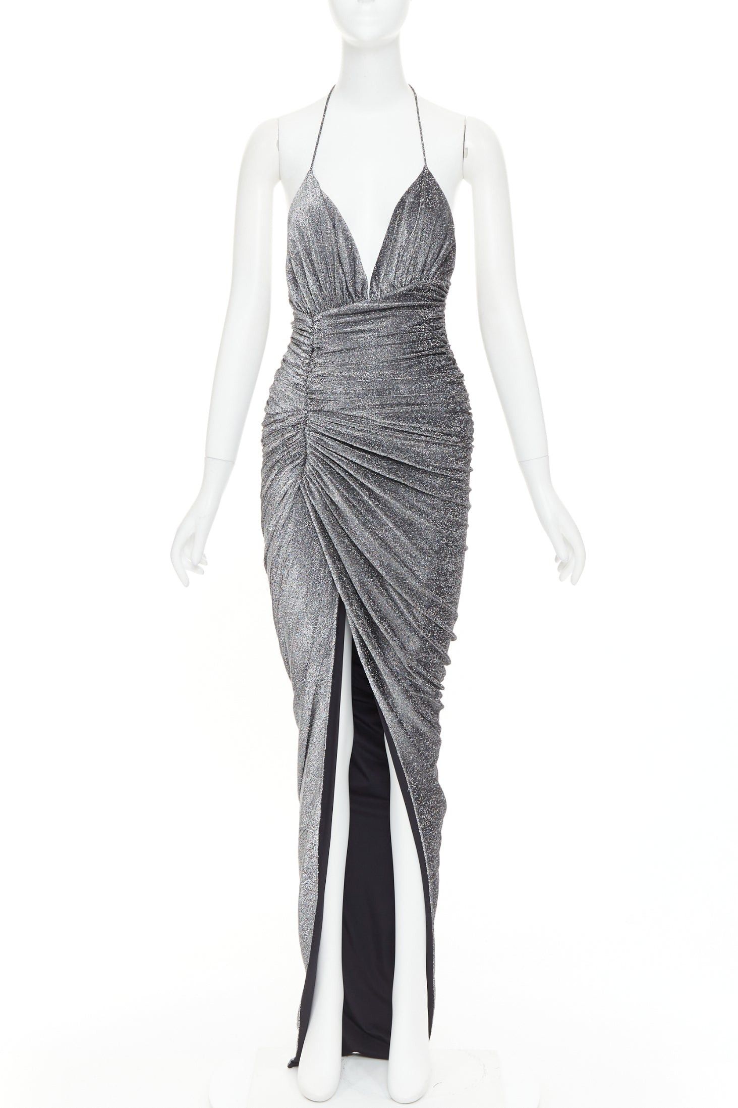 Alexandre Vauthier ALEXANDRE VAUTHIER metallic silver lurex knit side ruched backless crystal pave halter dress Size S / US 4 / IT 40 - 1 Thumbnail